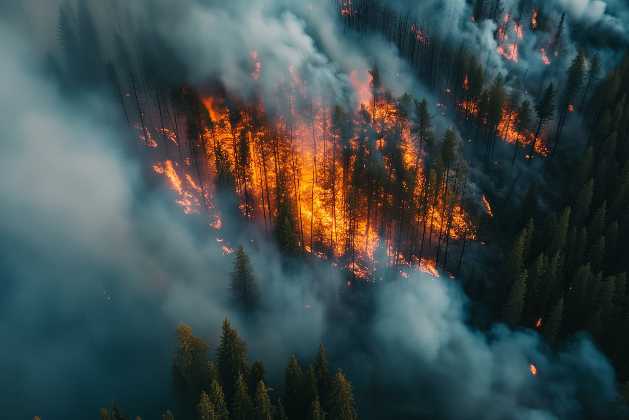 A forest fire is raging through a forest, with smoke