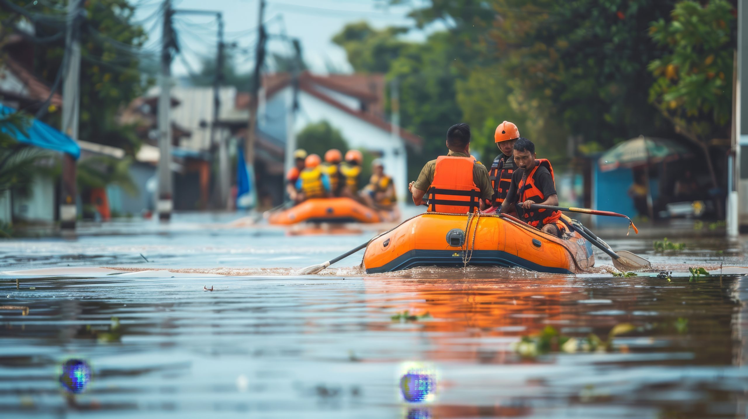 Rescue team paddling through floodwaters in a rubber boat, showcasing efforts in flood rescue operations. Ideal for emergency and disaster response themes.
