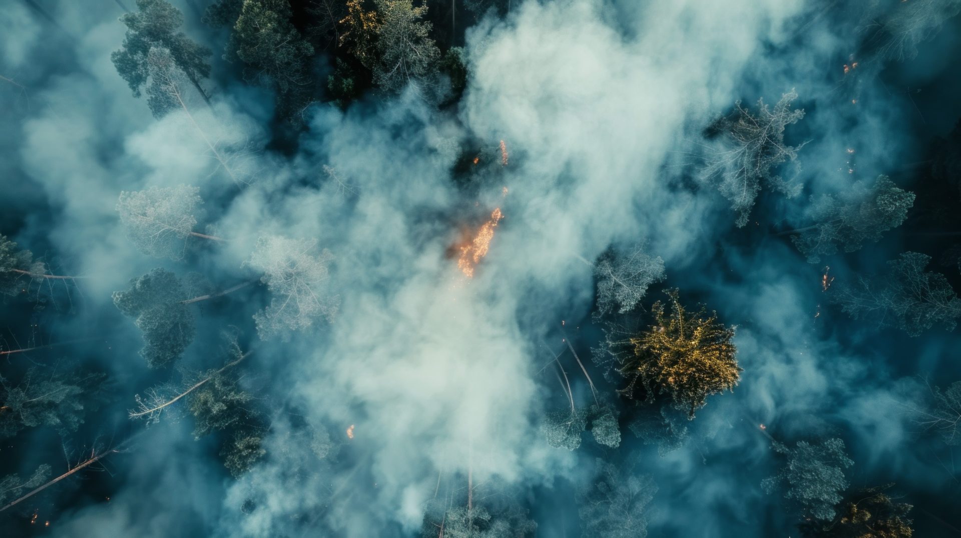A forest fire is burning and the smoke is billowing into the sky