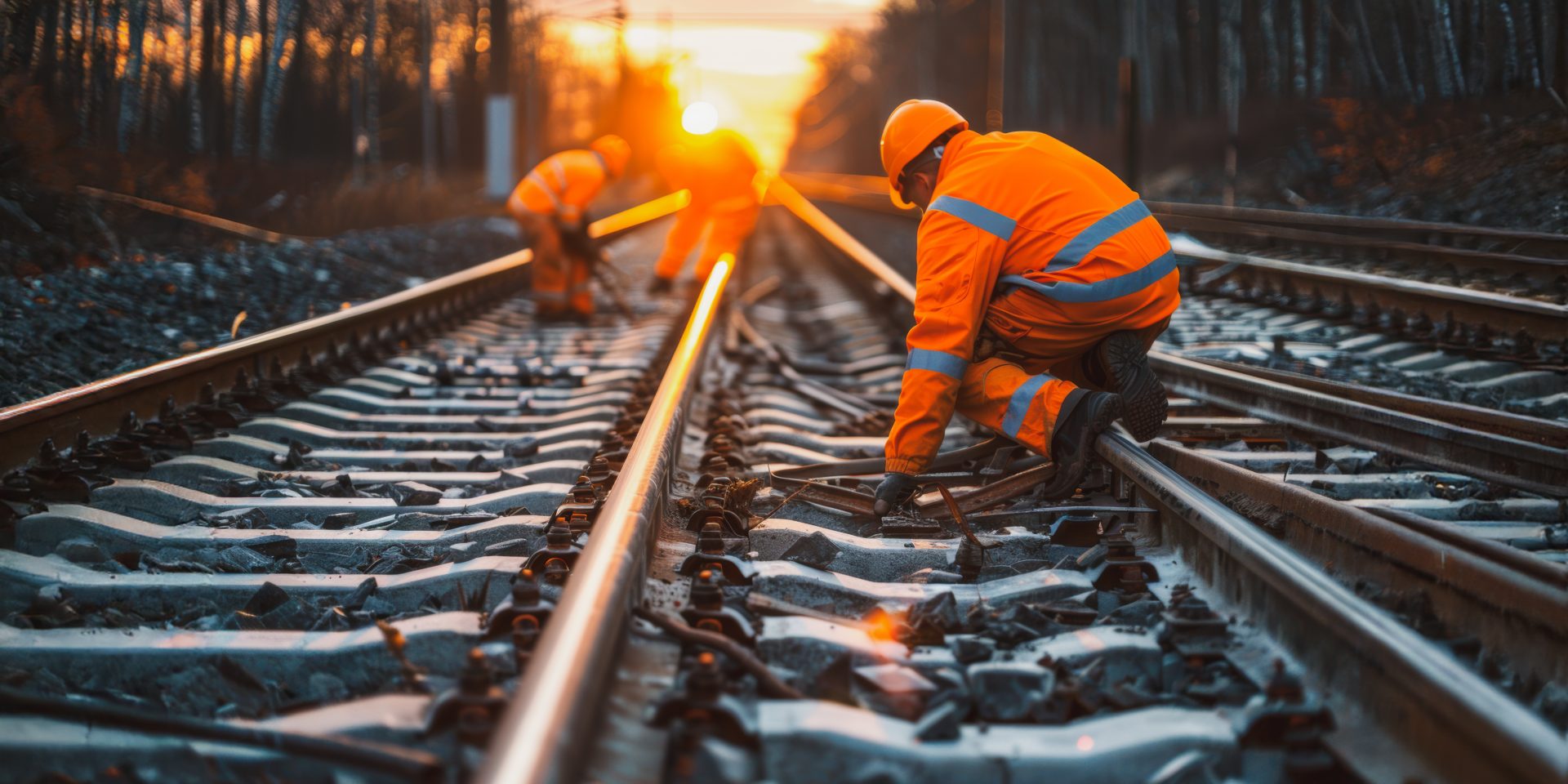 Railway workers performing maintenance tasks at sunset