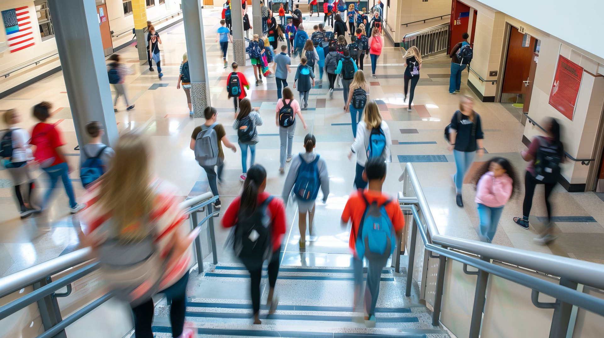 High schoolers rush up and down the stairs between classes in a crowded school building. Their movements create a blur as they navigate the busy hallways.