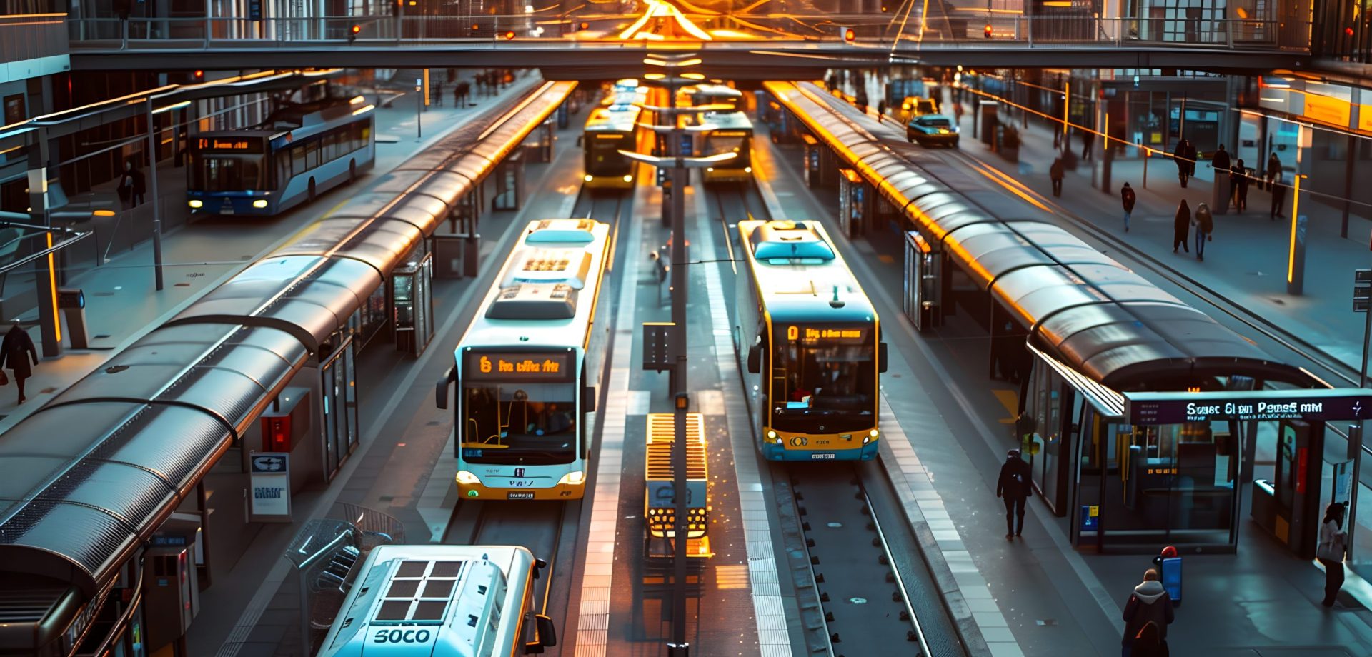 Busy urban transit station: buses and trains at a bustling transportation hub with lots of people.