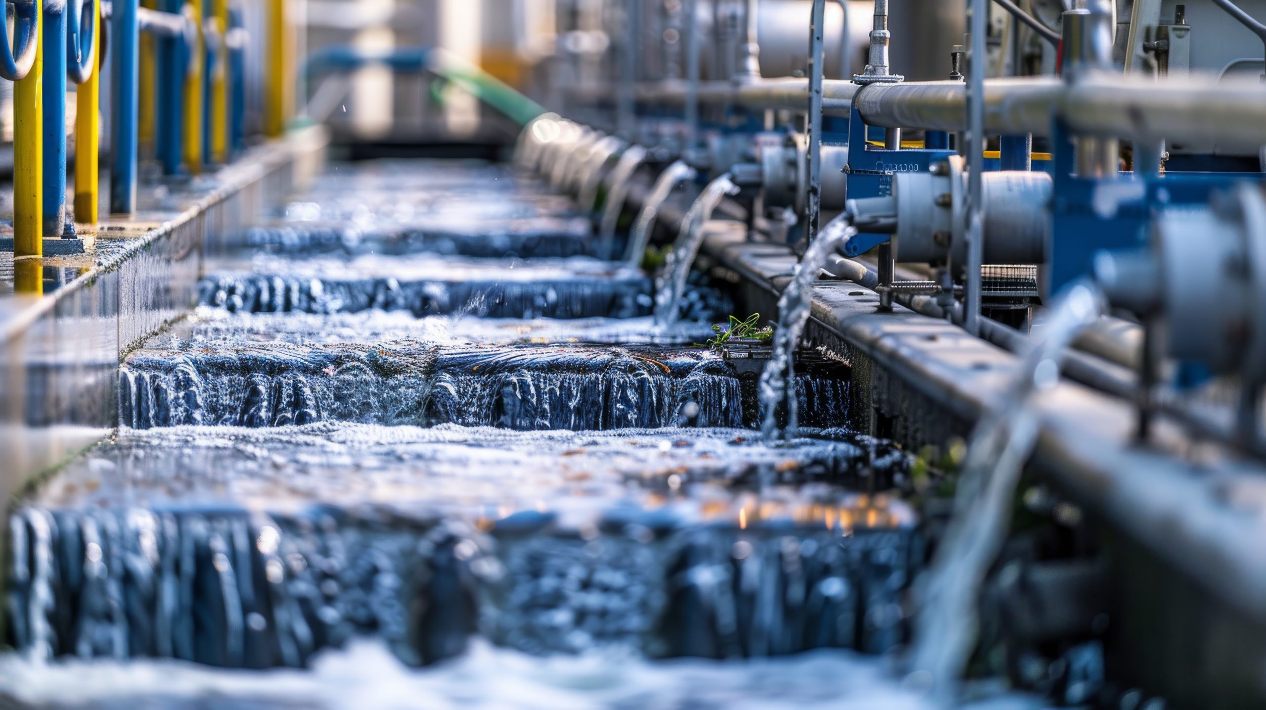 Complex machinery processes water in a modern wastewater treatment facility, showcasing advanced filtration technology in action under bright sunlight