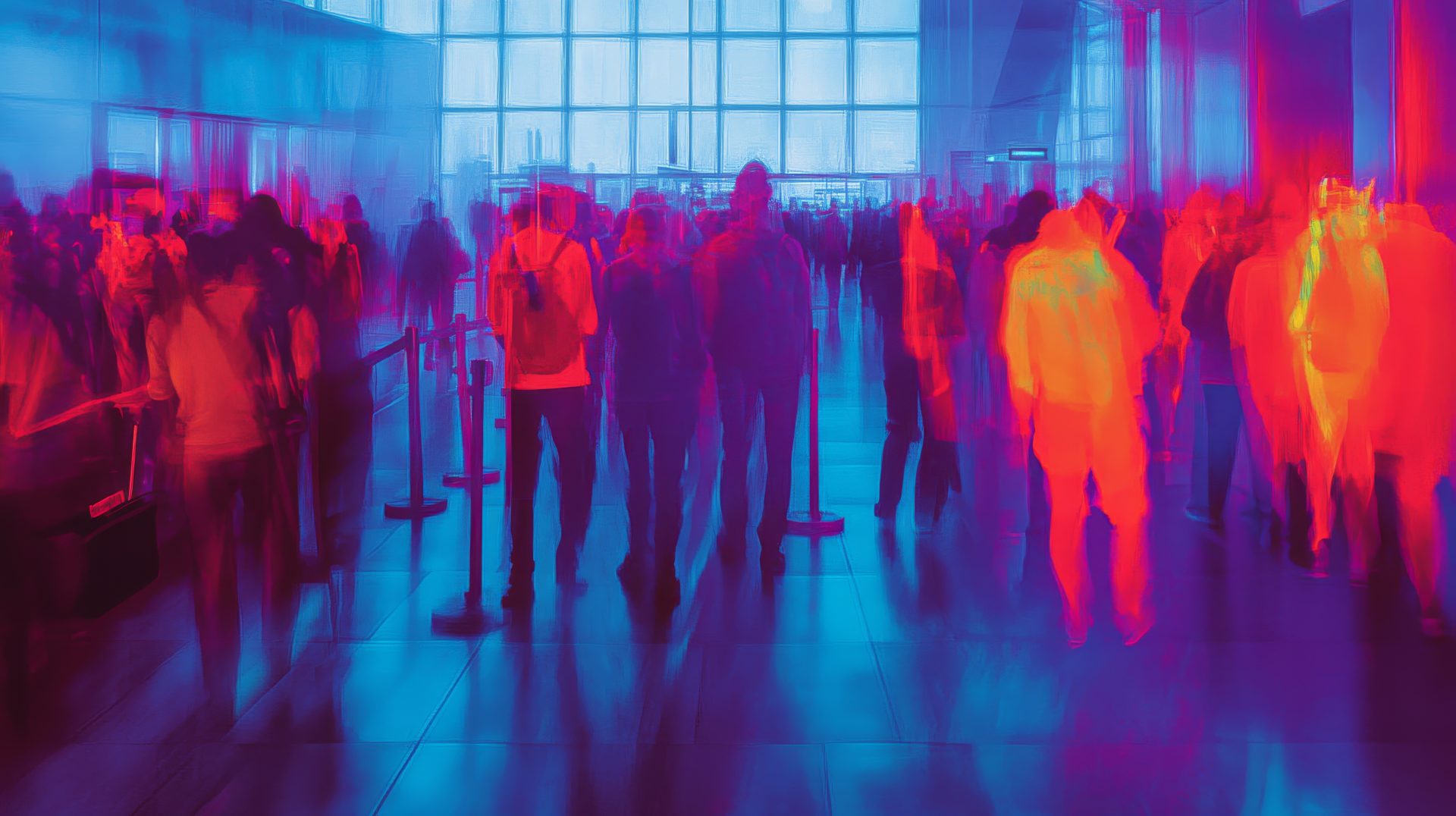 Colorful Abstract Thermal Imaging of Crowded Airport Terminal, Vibrant Colors, Busy Travel Scene