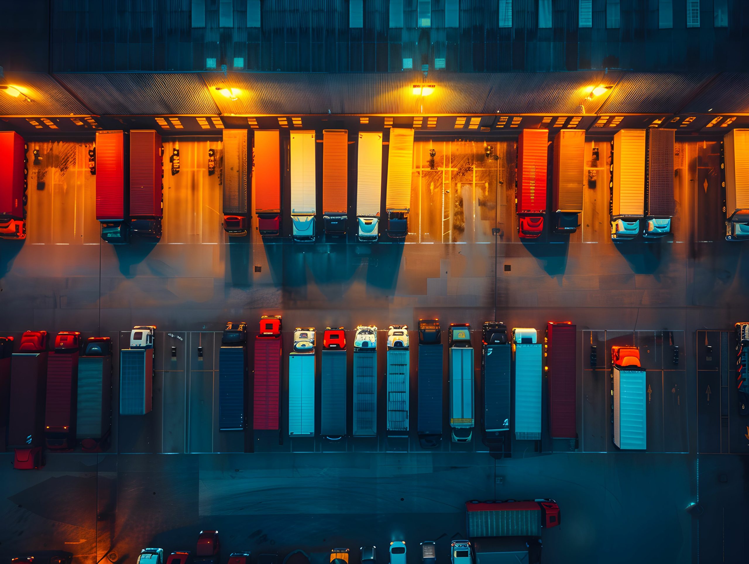 Aerial view of a busy logistics hub with trucks parked at night
