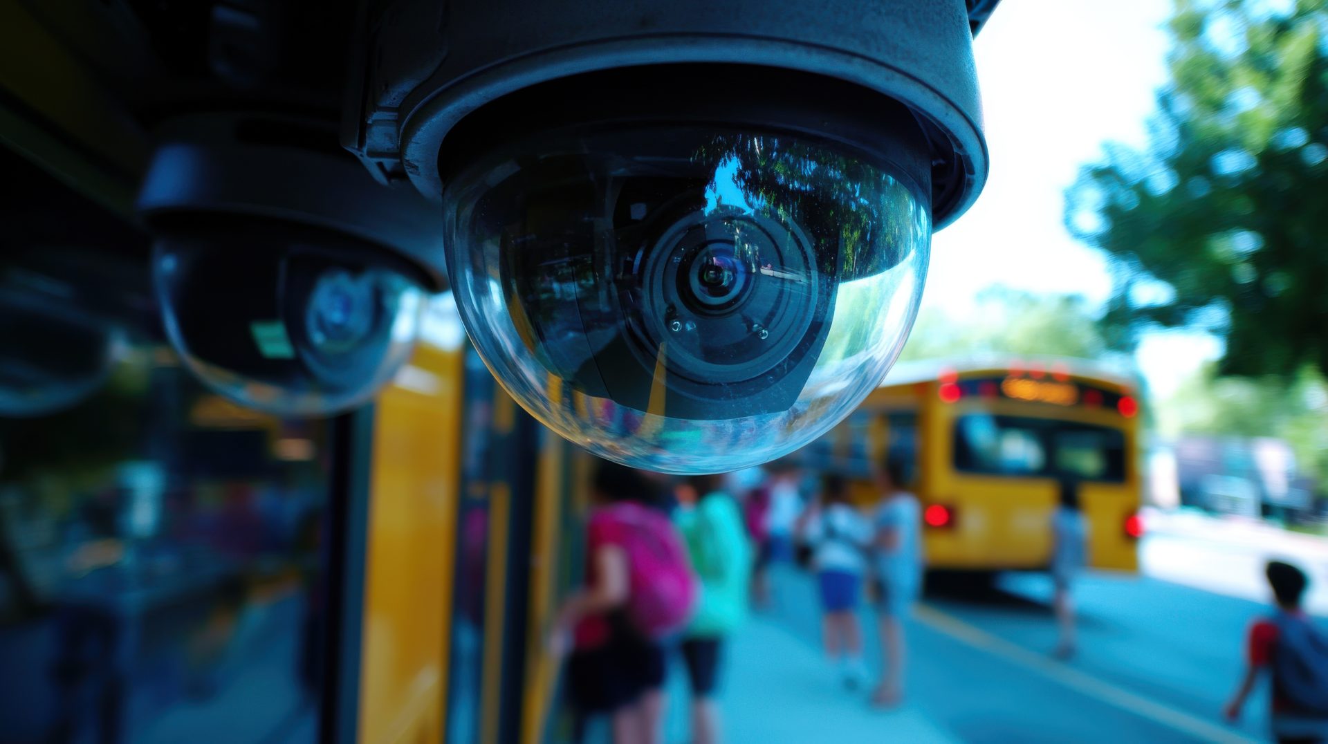 Surveillance camera on a school bus with children boarding