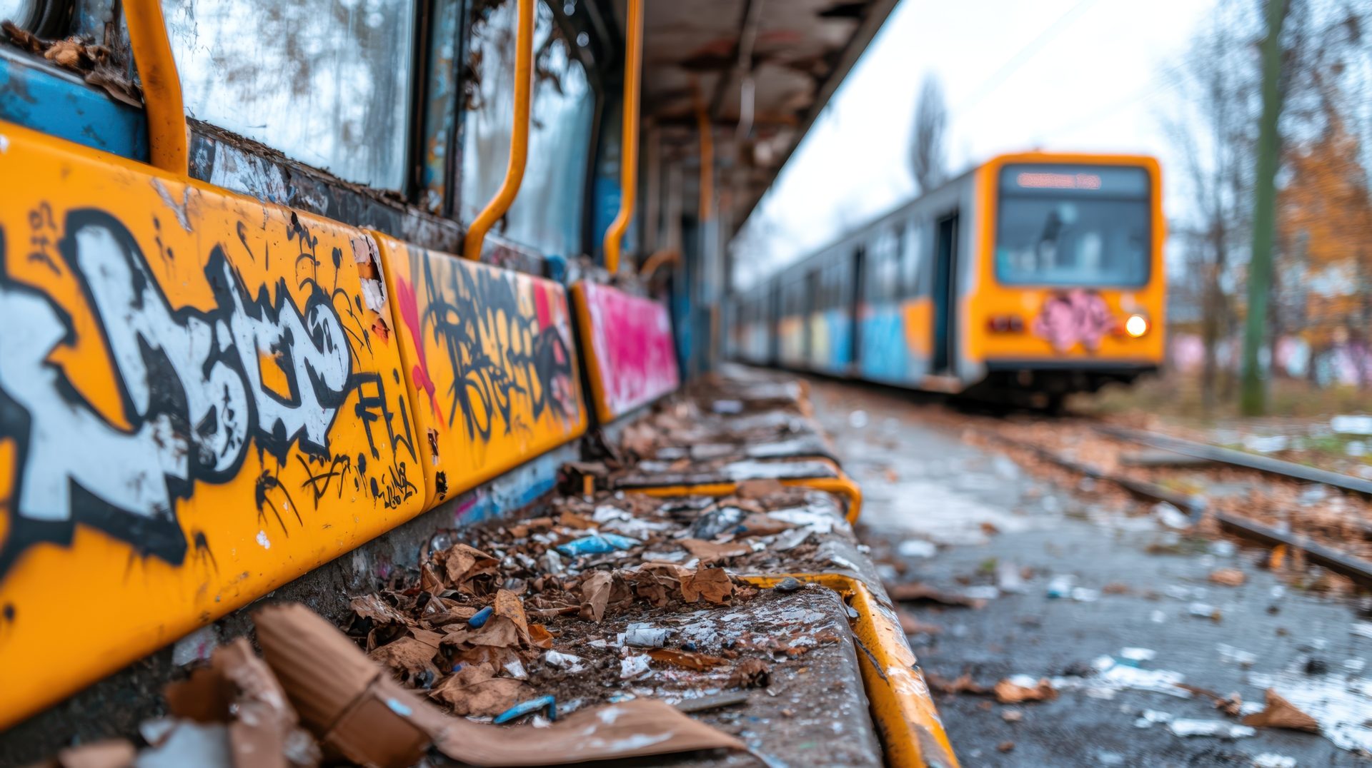 This image captures a graffiti-marked train platform with an approaching train in the distance, highlighting urban art and dereliction against a backdrop of fallen leaves and weathered surroundings.