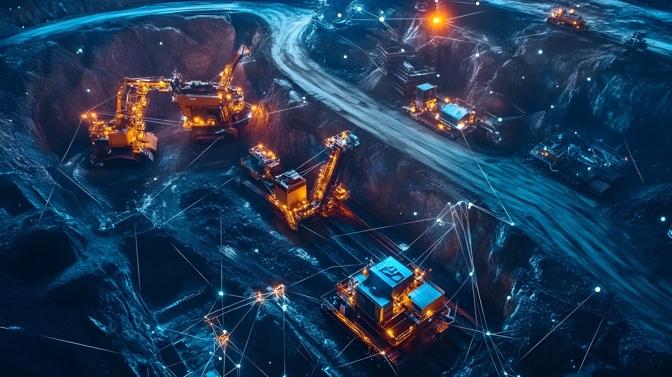 Showcase of a smart mining IoT connected machinery sensors and digital infrastructure that enable efficient data driven industrial processes and resource management