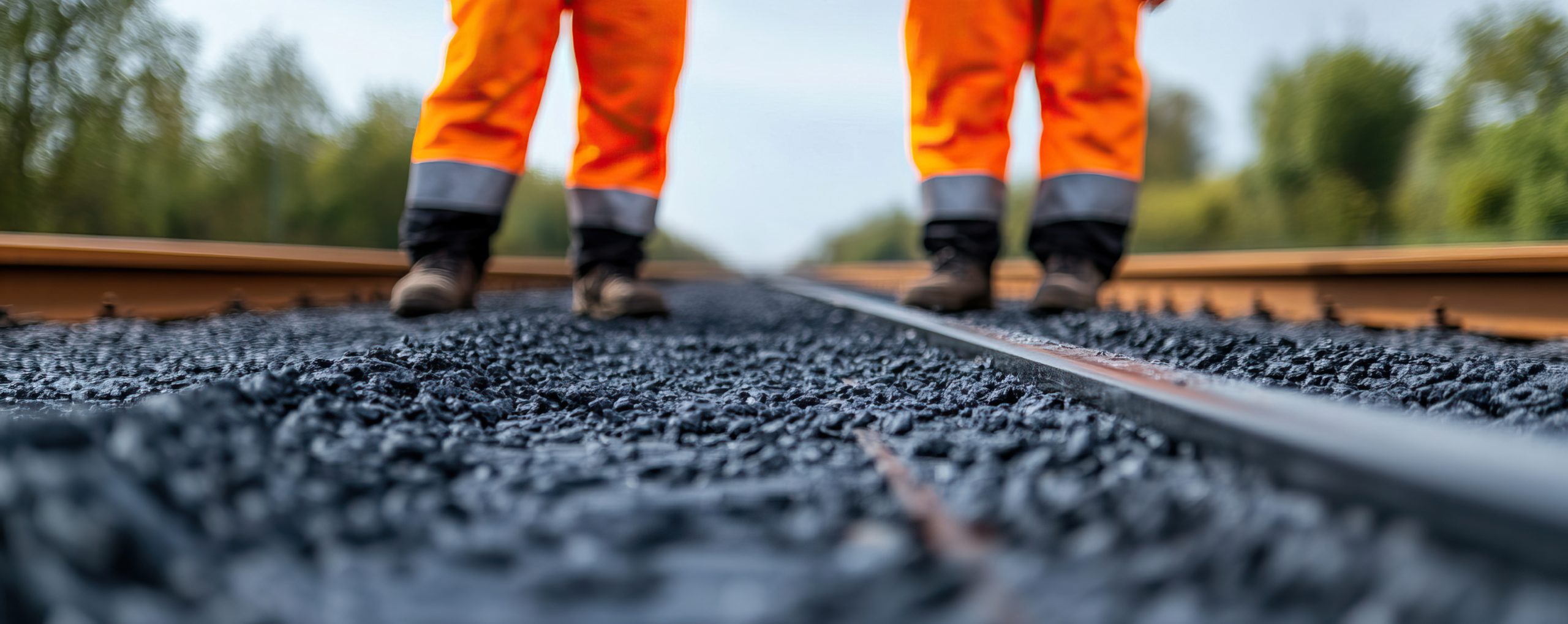 Two workers in orange uniforms inspect railway tracks, highlighting safety and rail industry operations amid a natural backdrop.