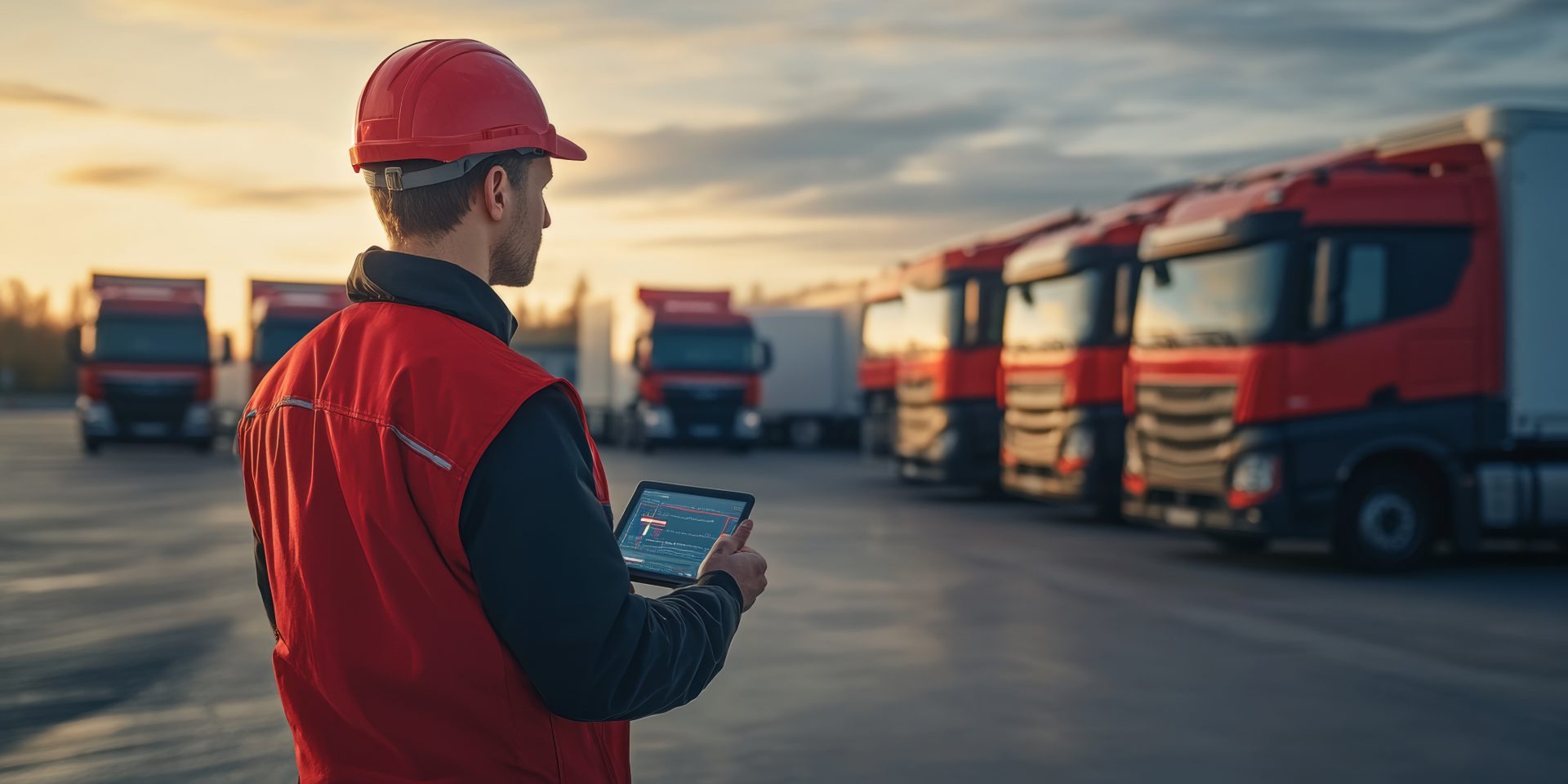 photo of logistics officer checking with tablet in front of truck ready to leave