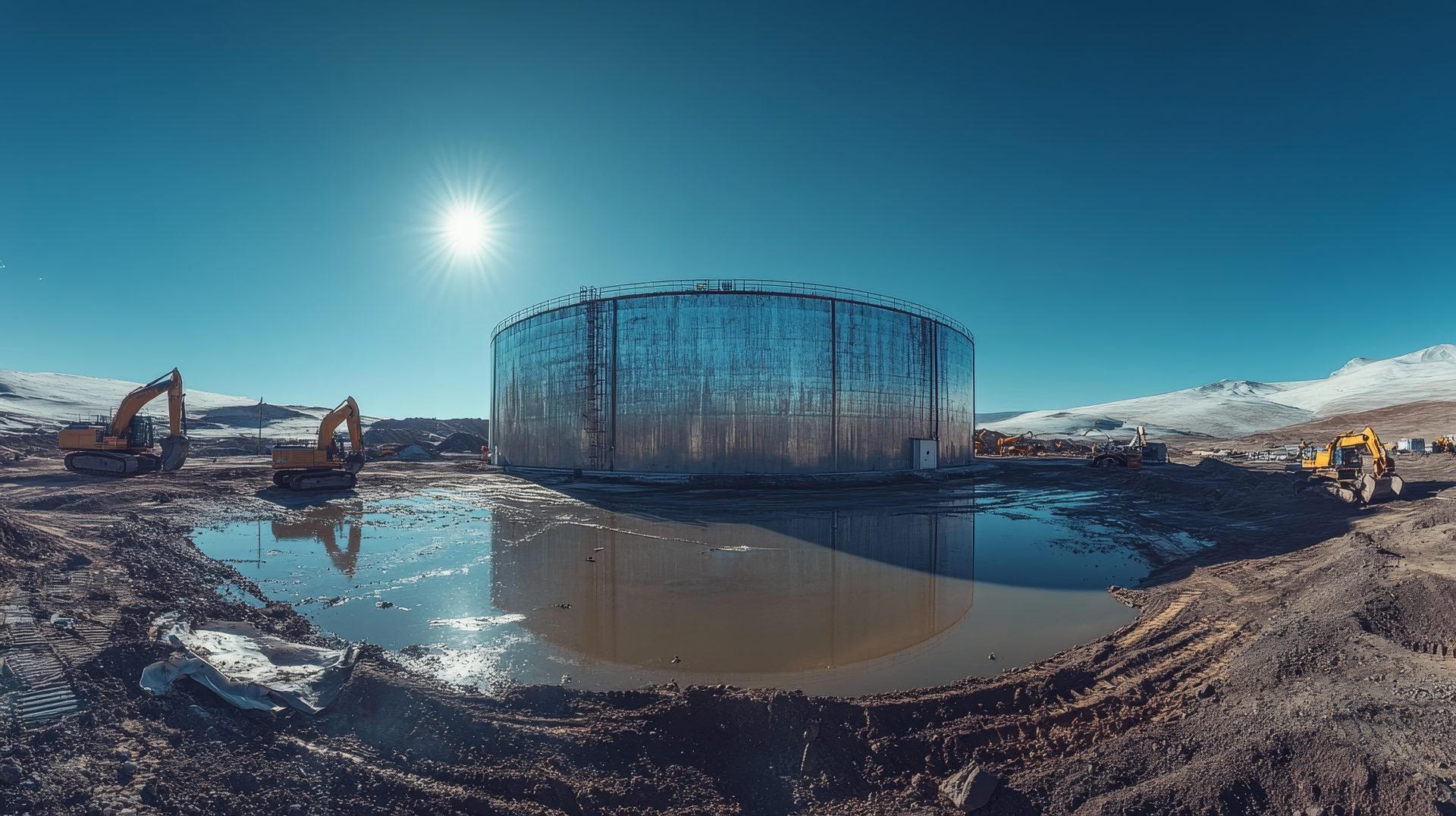 Panoramic shot of a fuel storage tank at a deserted mining site, surrounded by idle excavators, the metallic surface shimmering under a clear blue sky