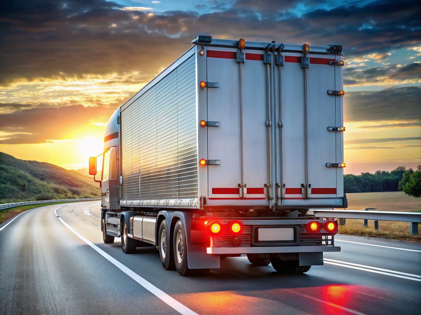 Rear view of a large commercial truck on a highway, showcasing mandatory safety features including reflective stripes,