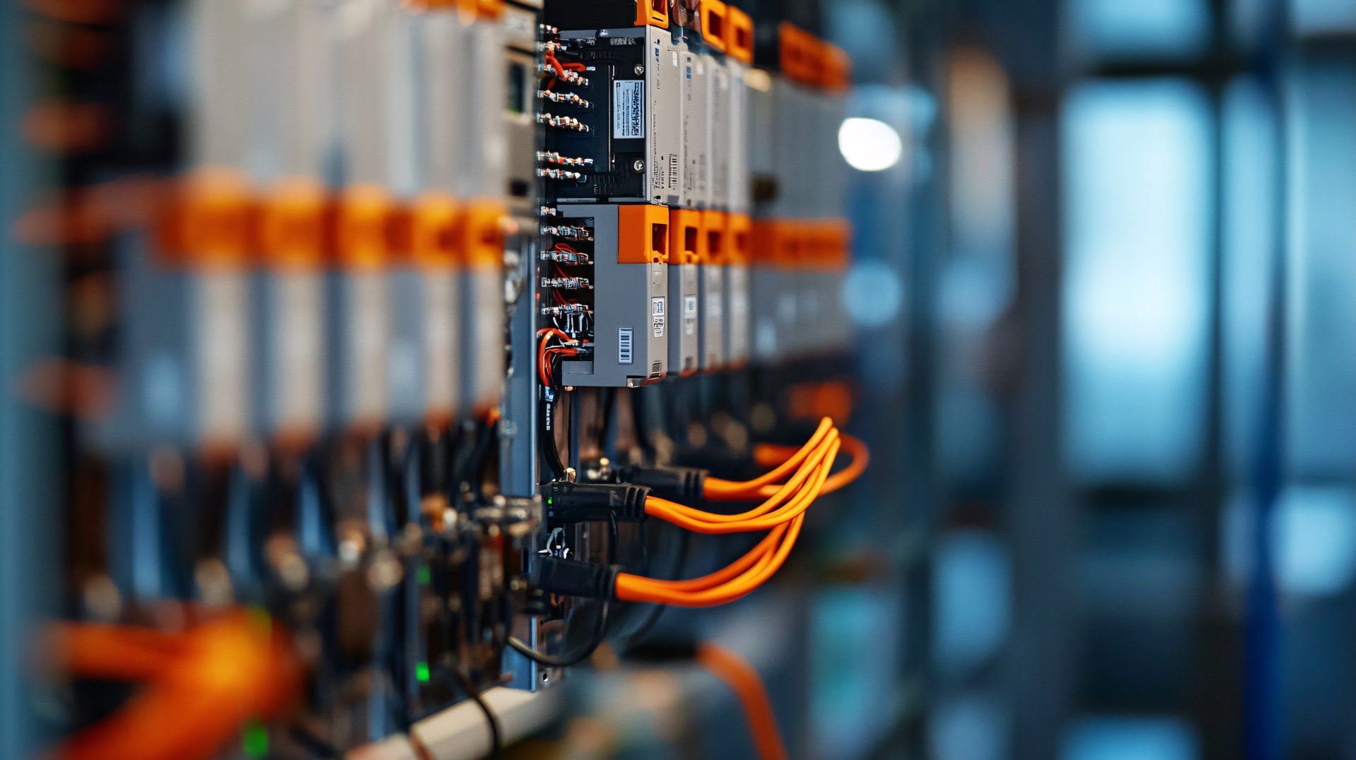 Close-up shot of industrial control equipment with orange cables, showcasing modern technology in automation and control systems.