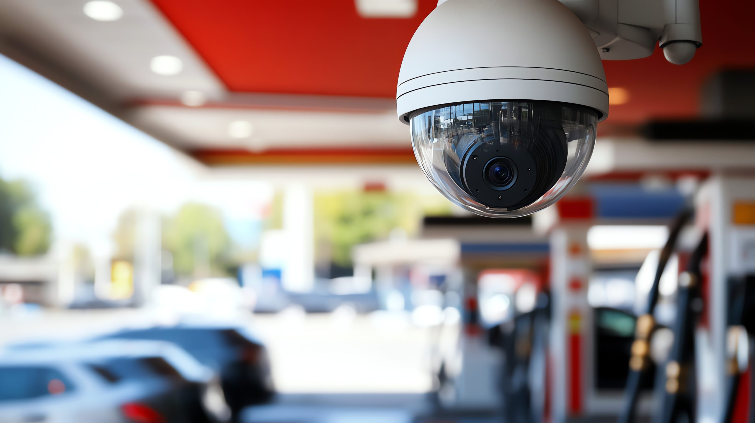 Security camera at service station entrance. Illustrates vehicle monitoring systems and retail space protection solutions.