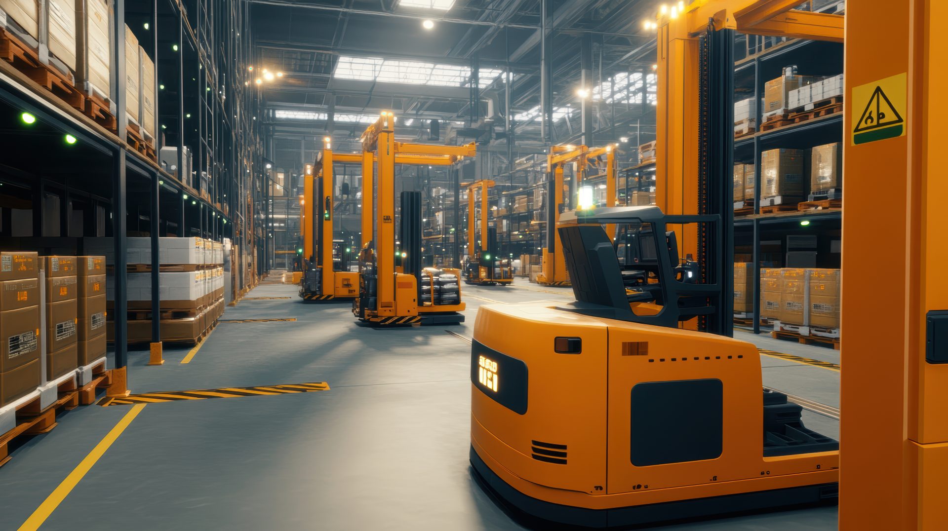 futuristic cargo terminal with robotic forklifts and automated systems efficiently managing warehouse operations under bright industrial lighting