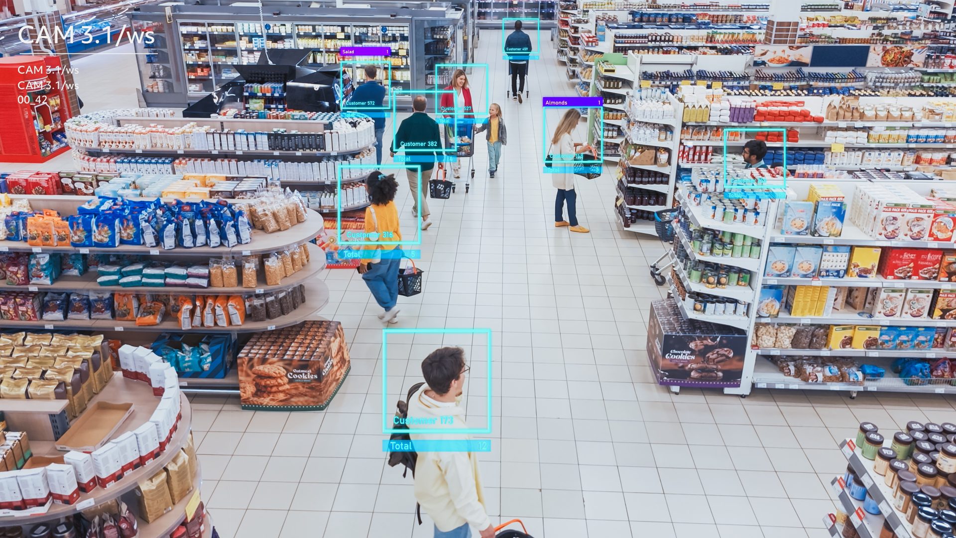 AI-powered Mock-up CCTV Shot in Supermarket: People Shopping in a Grocery Store. Multiple Camera Detect Suspicious Crime Activity, Activates Theft Prevention Identity Analysis. 360 Camera at Work