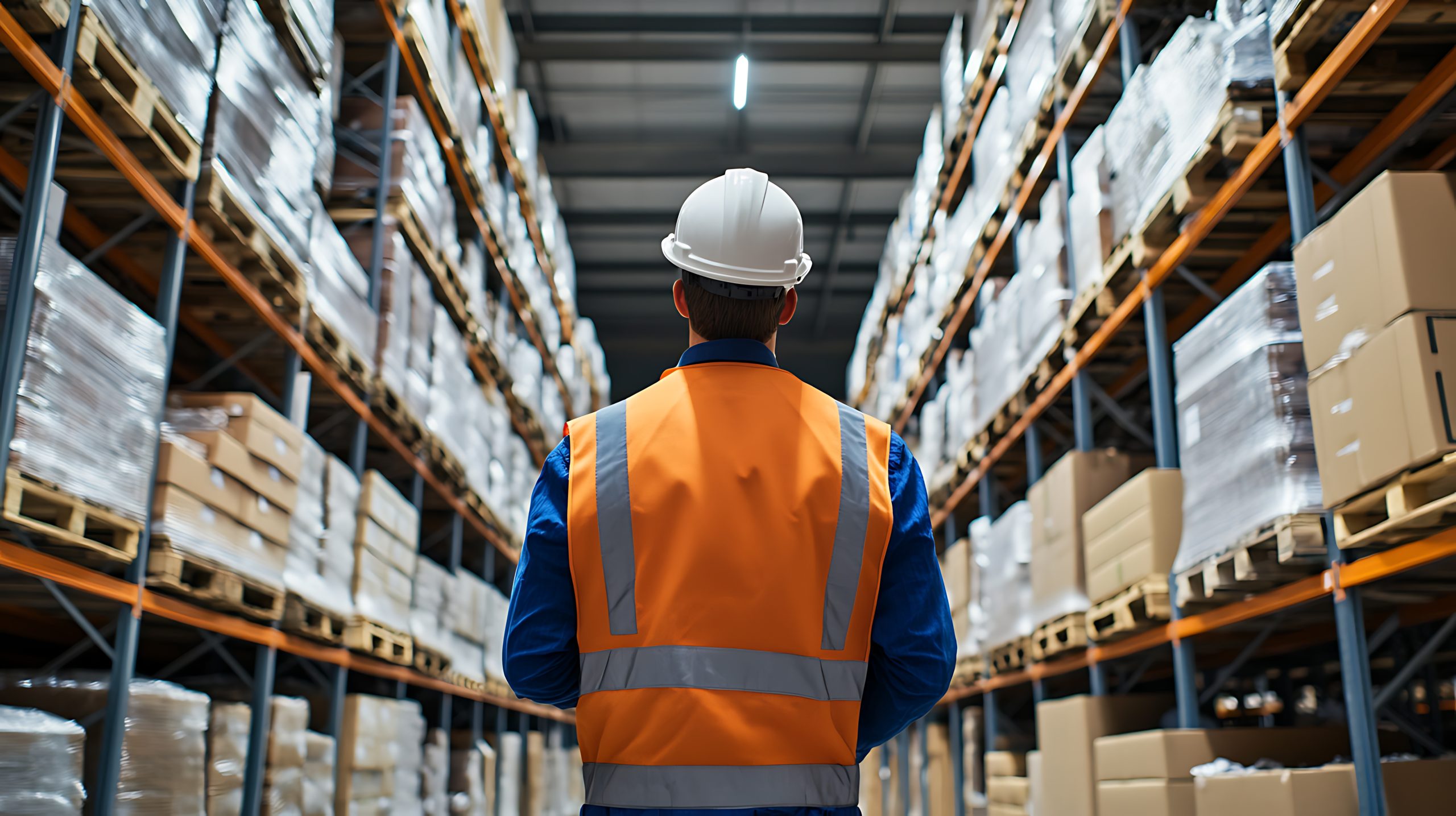 Warehouse Worker in High-Visibility Vest and Hard Hat