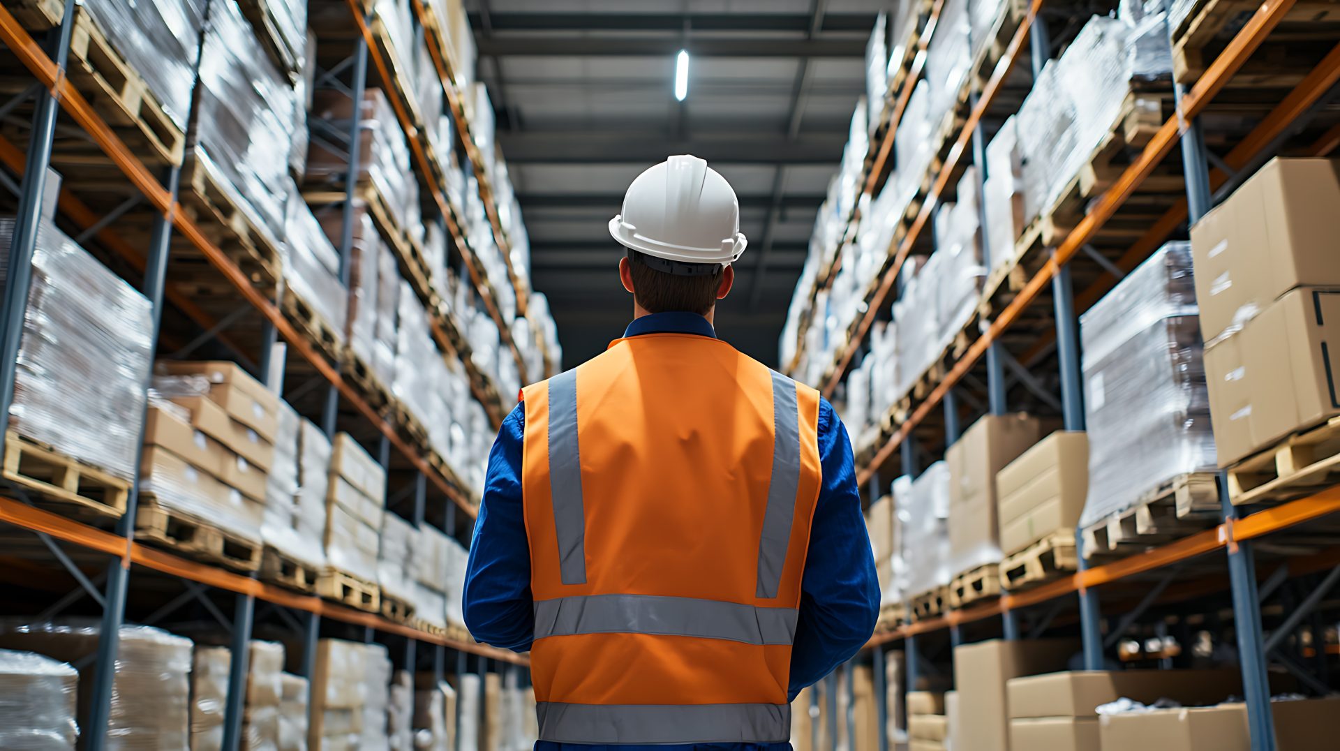 Warehouse Worker in High-Visibility Vest and Hard Hat