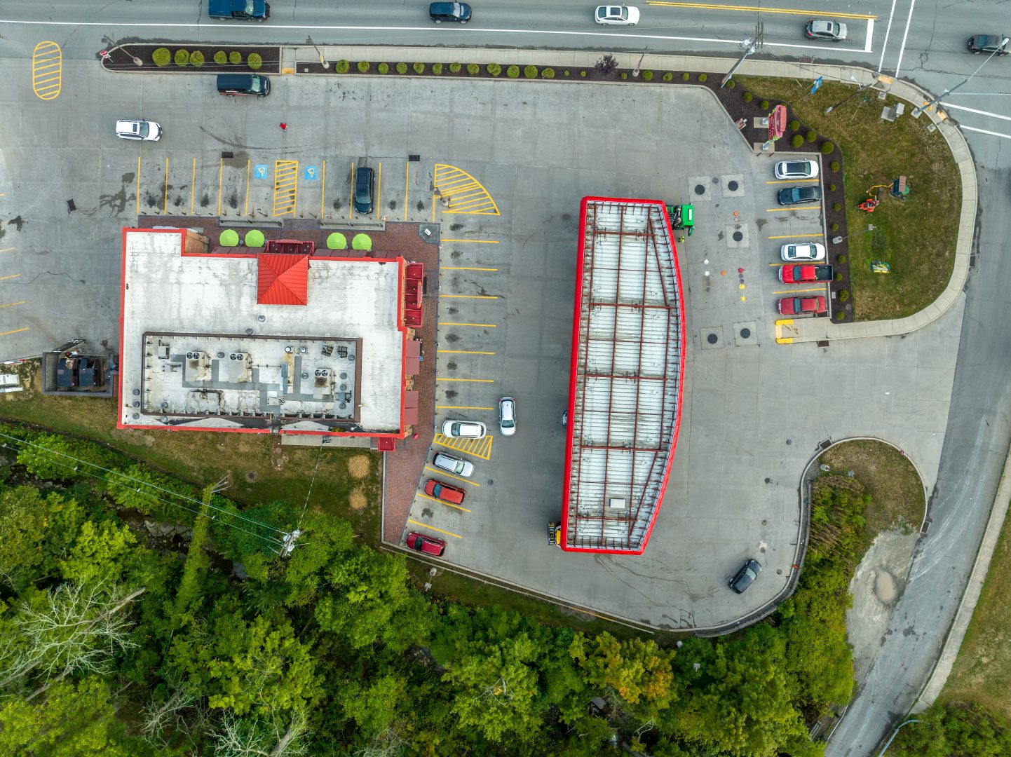 Aerial top down view of an American gas station with shop