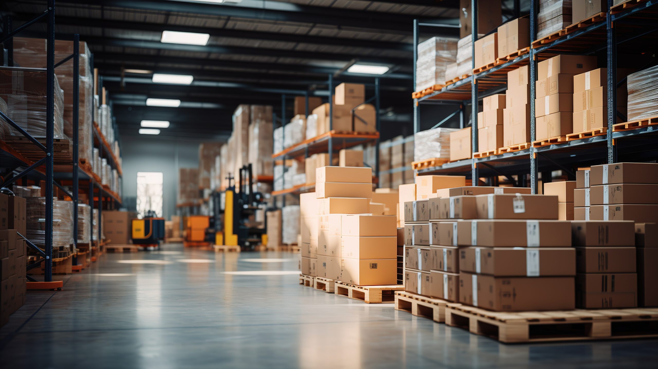 Retail warehouse full of shelves with goods in cartons, with pallets and forklifts. Product distribution center. Generative ai