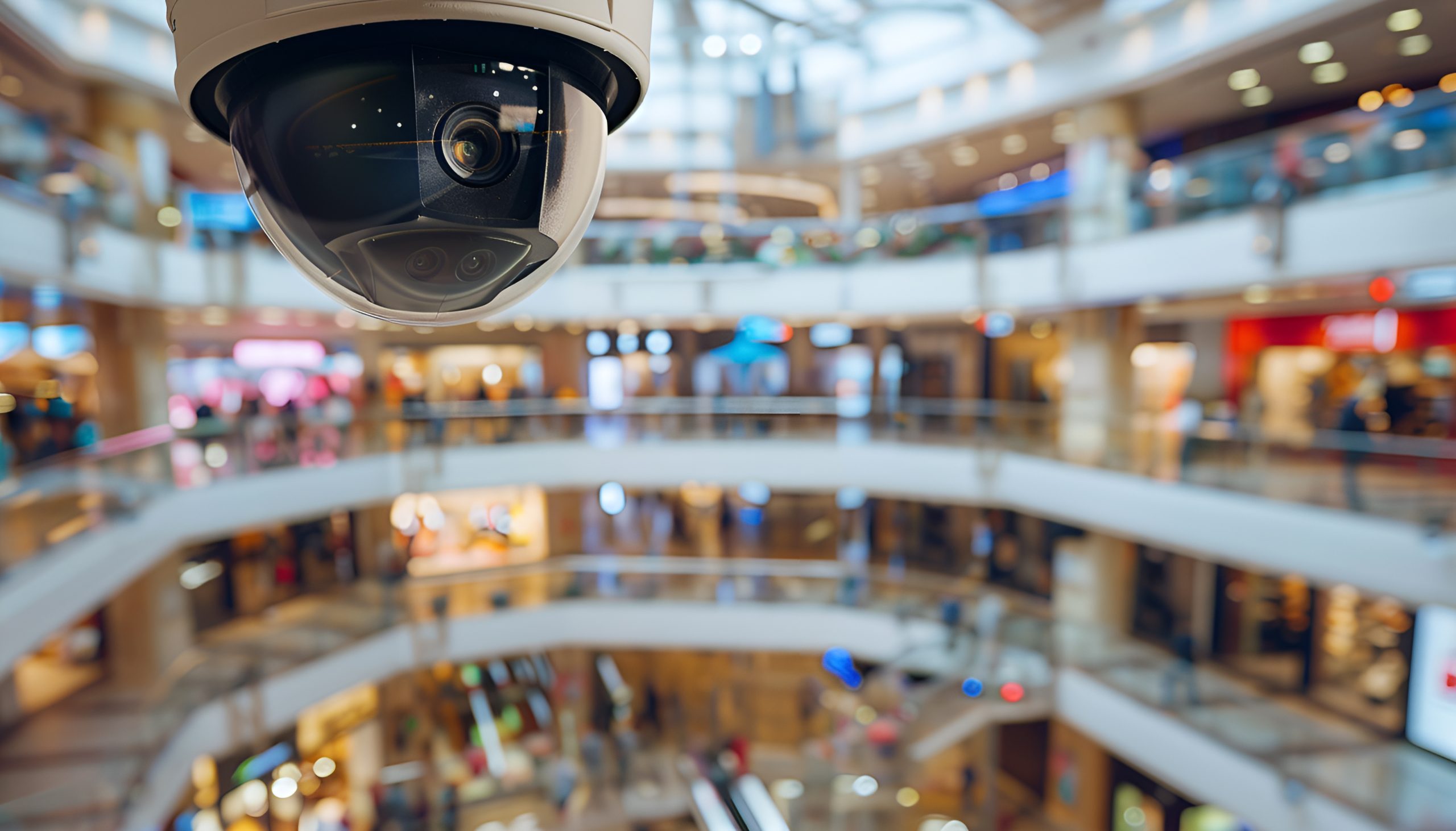 Security camera in a shopping mall, emphasizing surveillance for theft prevention