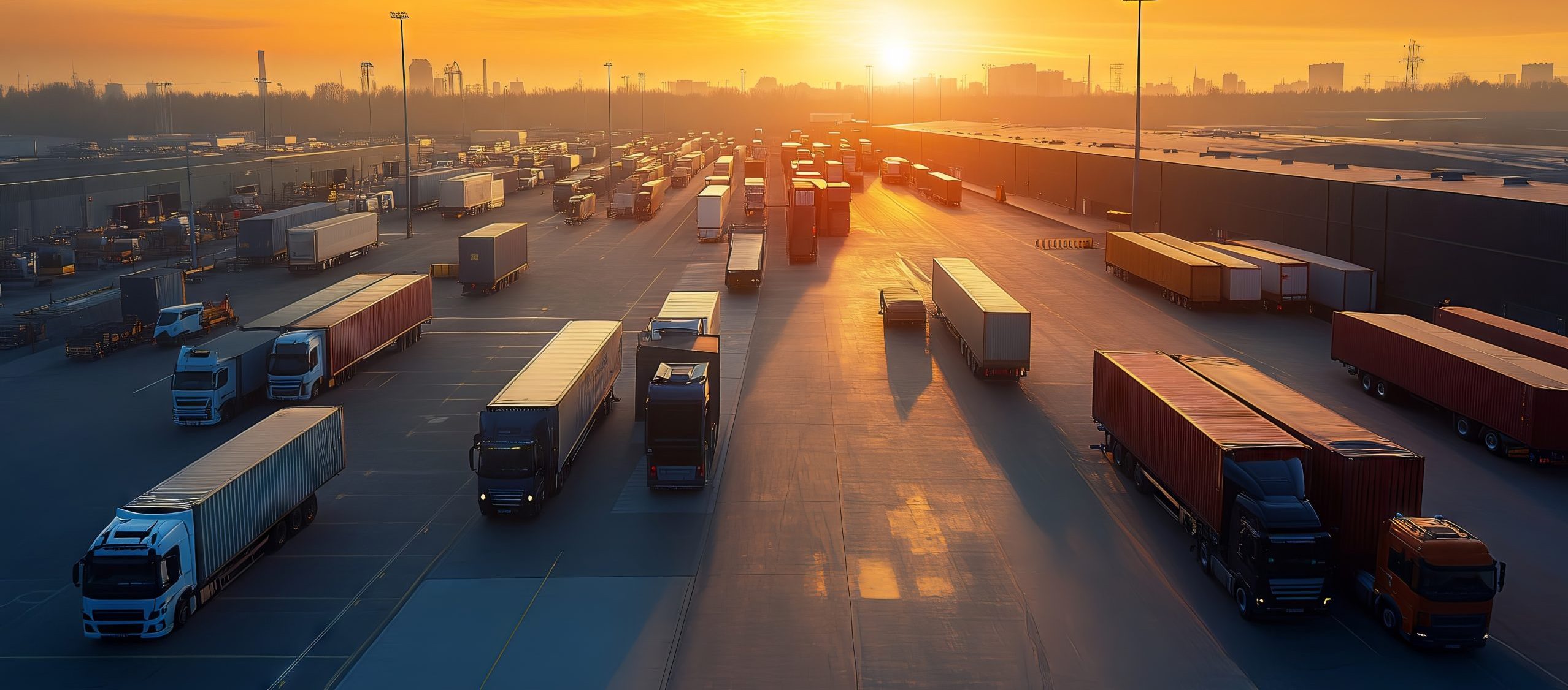 Trucks with cargo containers waiting in logistic hub at sunset