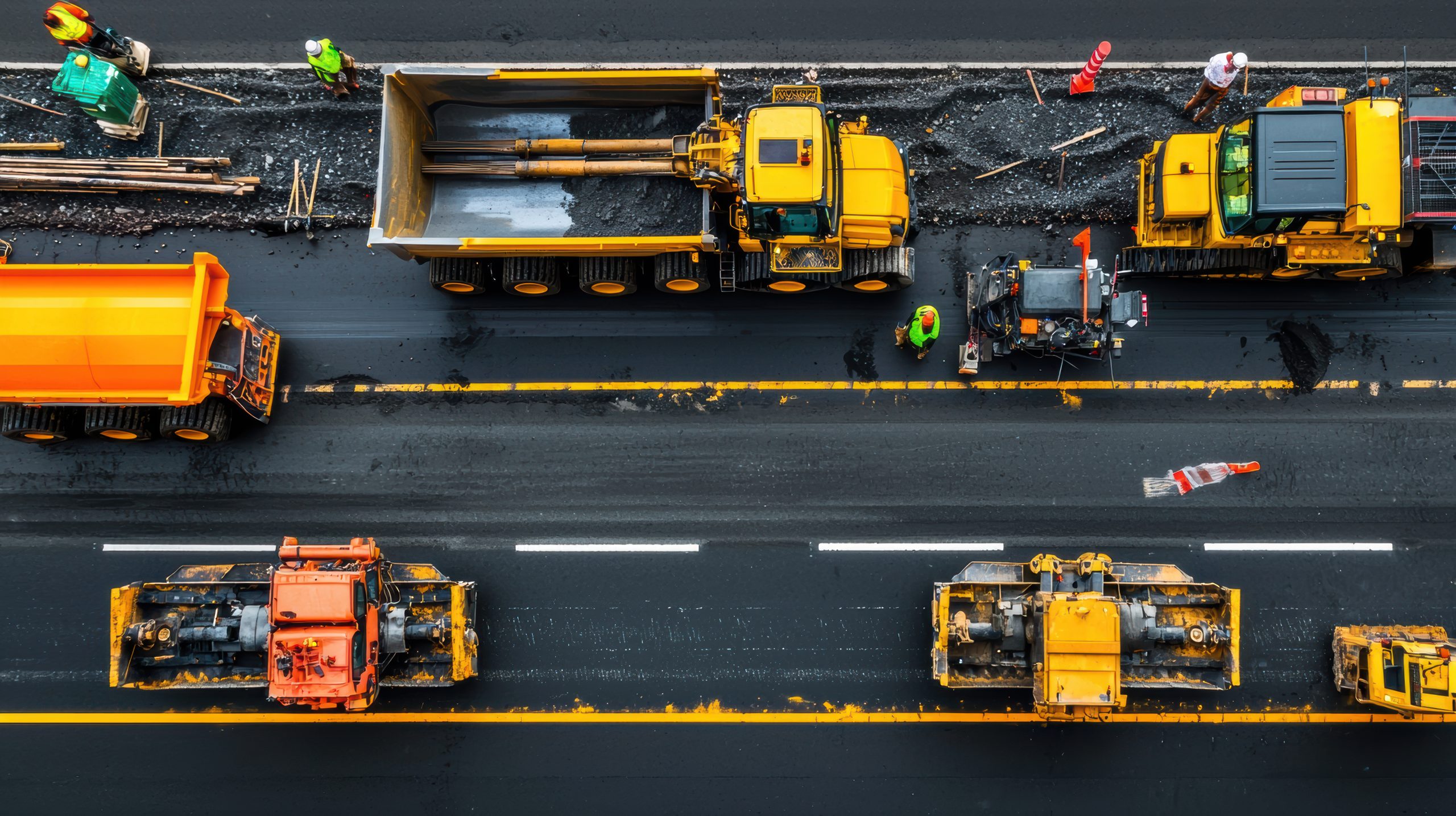Road construction action urban area aerial view infrastructure heavy machinery operations