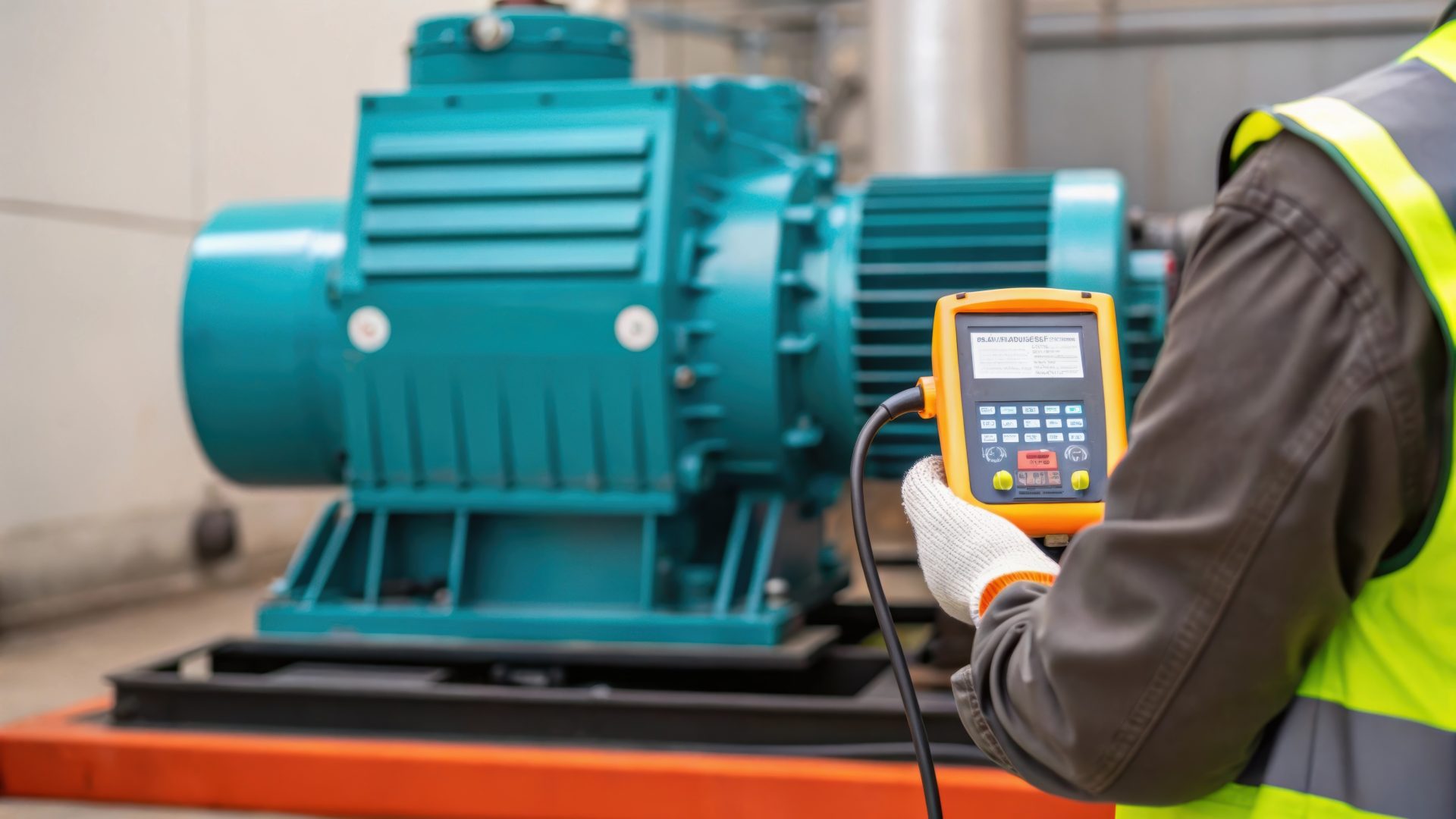 Technician performing a vibration analysis on a chiller motor with diagnostic equipment in hand indicating a proactive approach to maintenance.