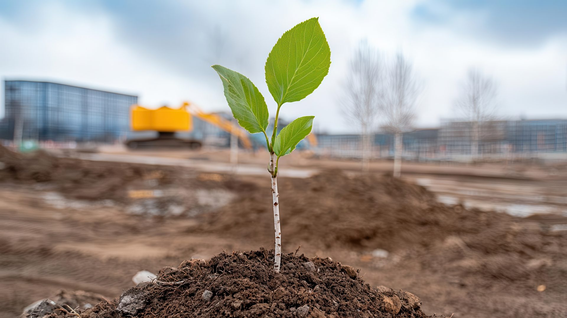 A construction site transformed into a phytoremediation project with pioneer species like birch trees planted in toxic soil, clean and innovative