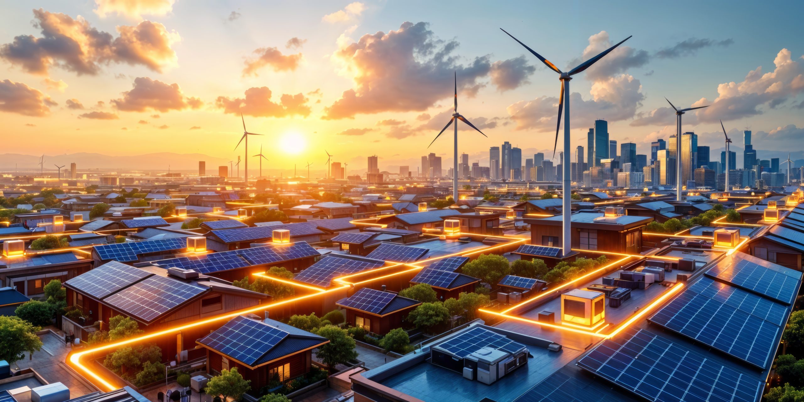 Modern smart city powered by a decentralized energy grid with solar panels and wind turbines