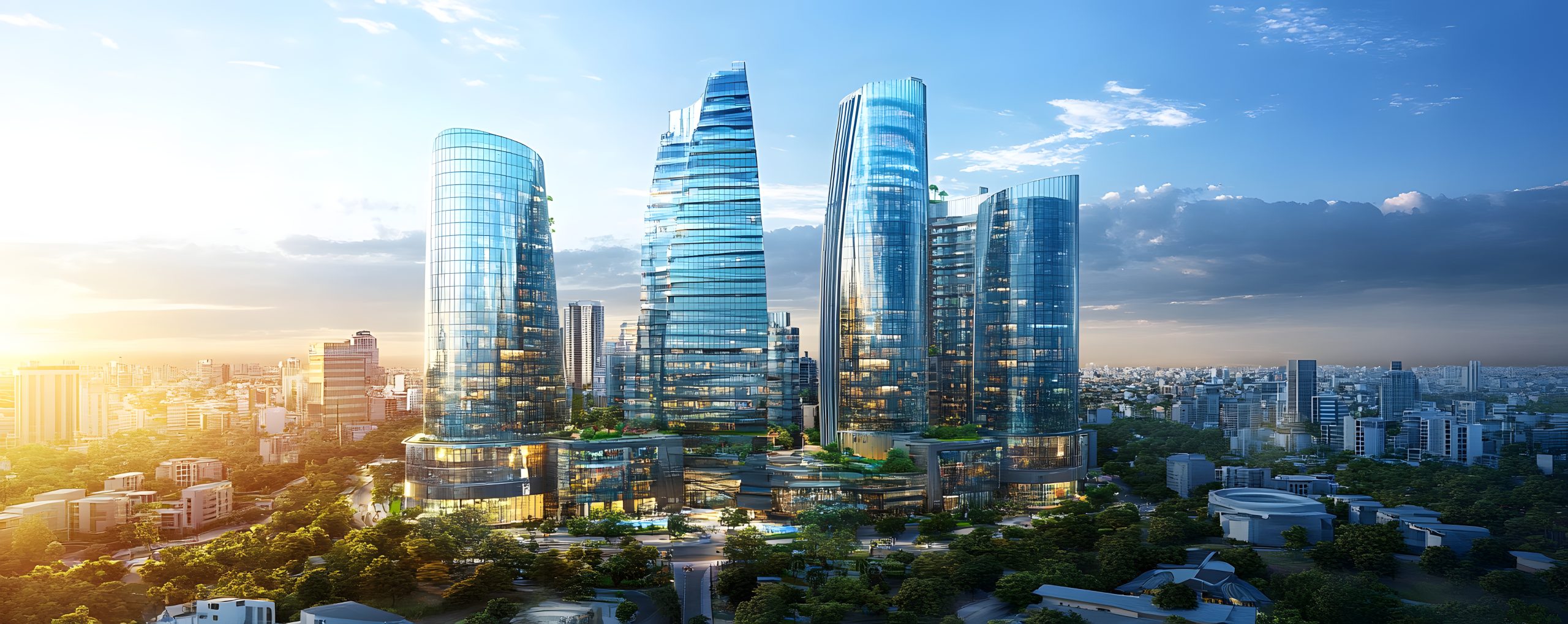 A futuristic perspective of Bangalore’s modern cityscape, with glass buildings and smart city technology visible across the skyline