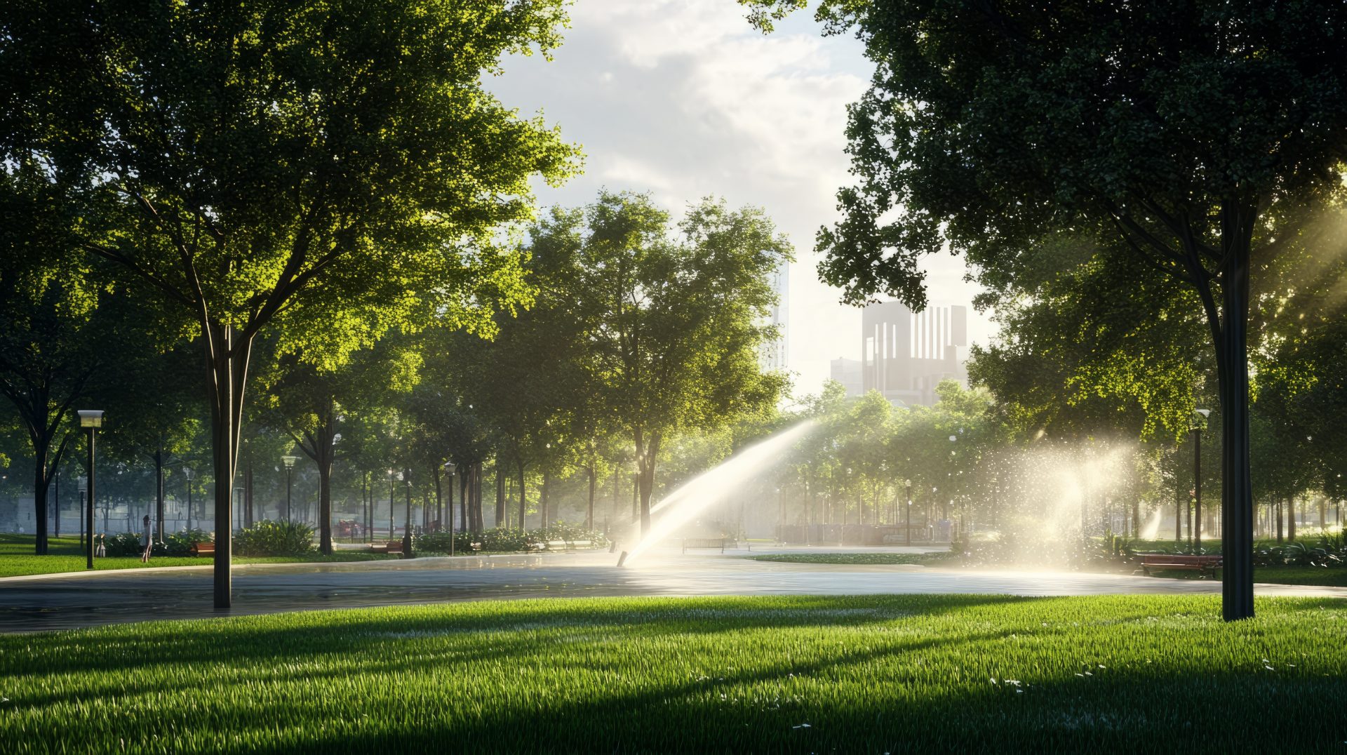 Irrigation sprinklers watering a city park with tall trees and well-maintained grass