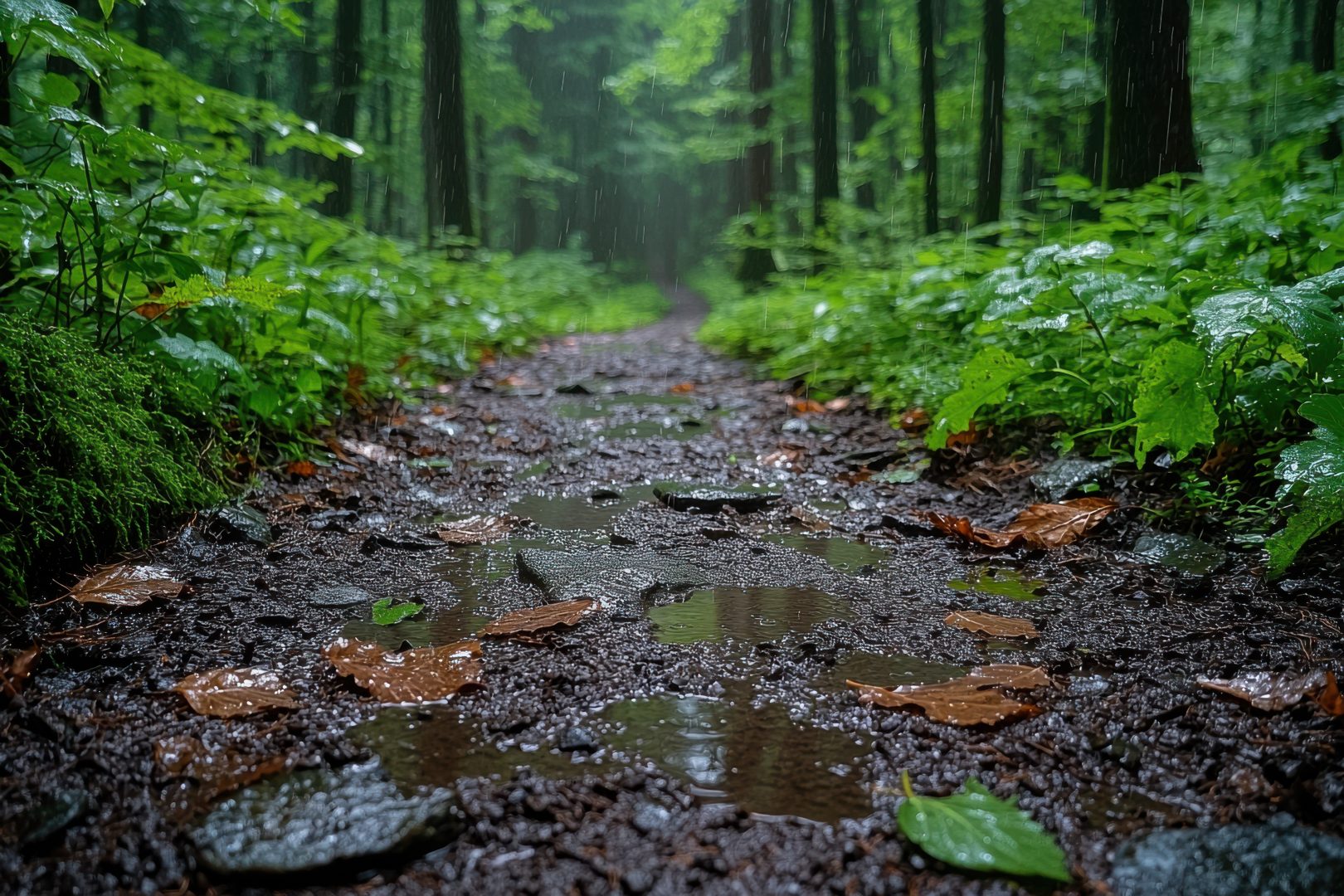 Nature trail after rain shows puddles and lush greenery in a serene forest environment. Generative AI
