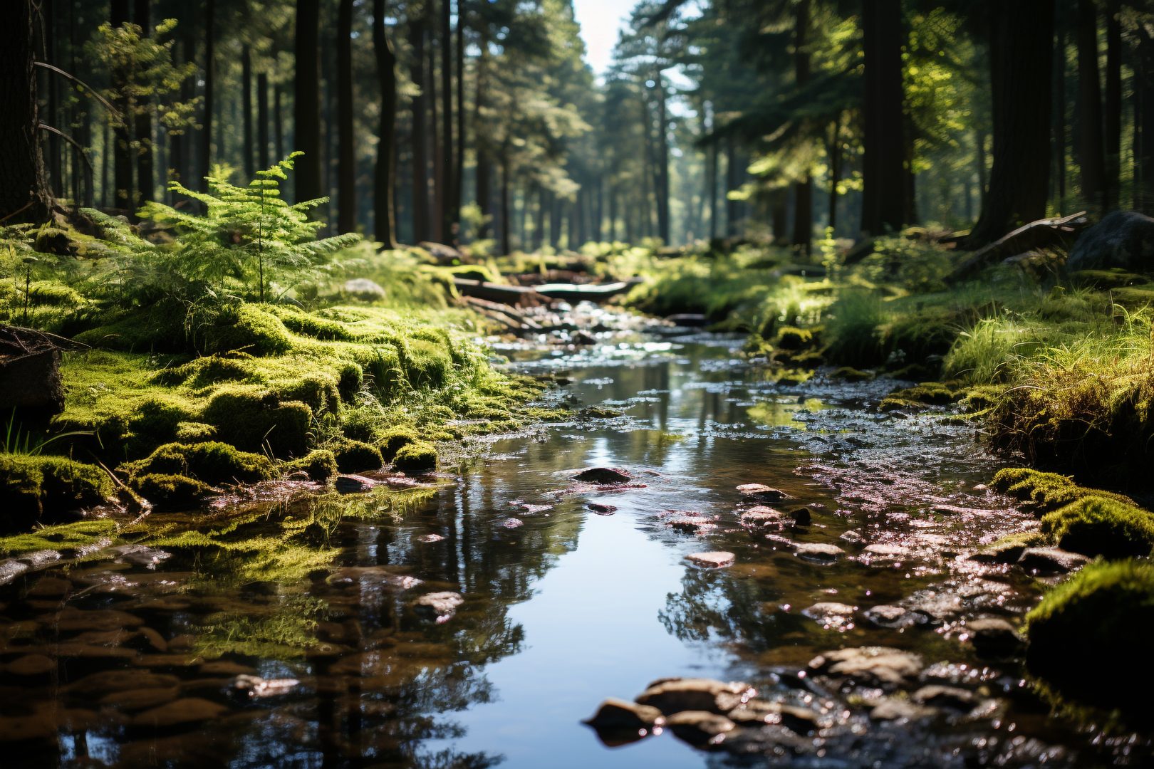 A peaceful forest setting with a murmuring stream, abundant foliage, and sunlight casting a shimmering glow on water