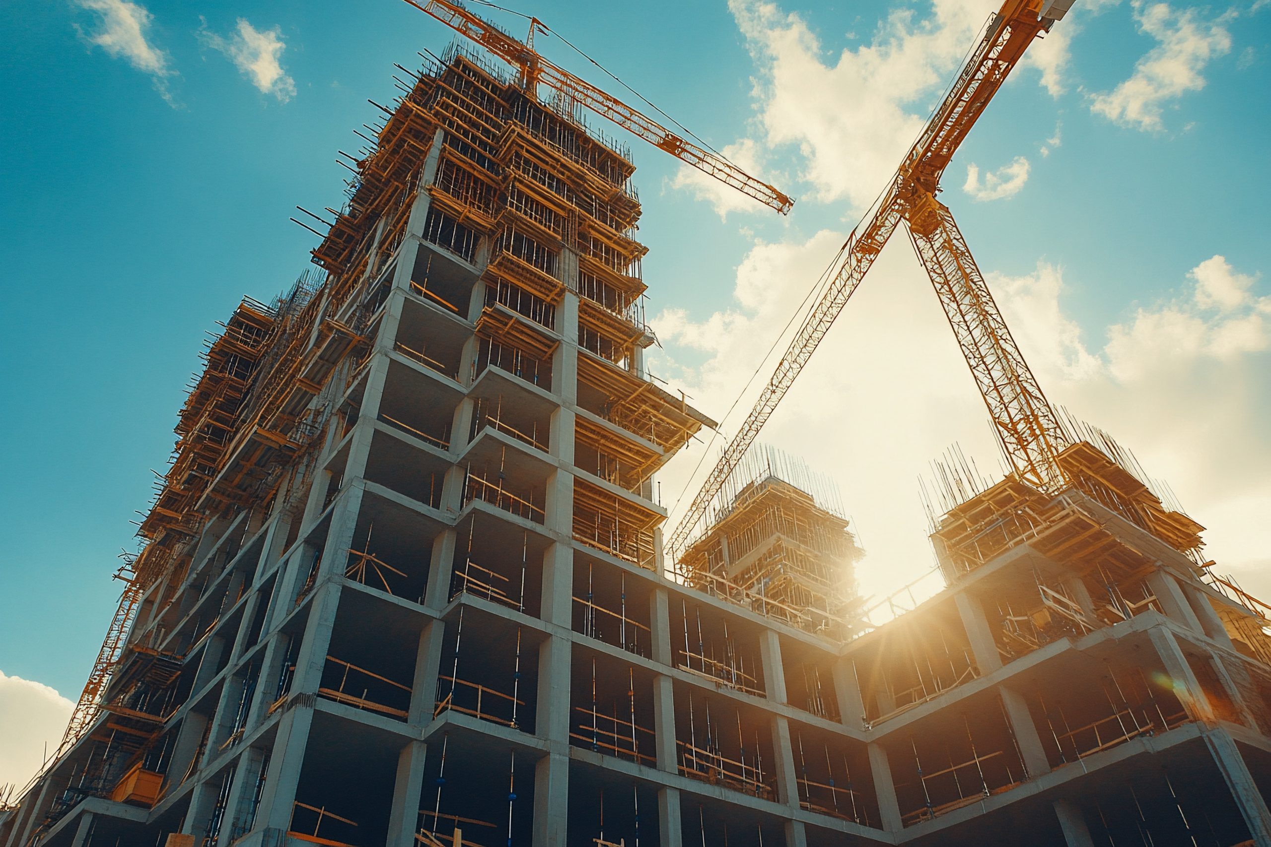 Construction site with cranes and high-rise building under construction.