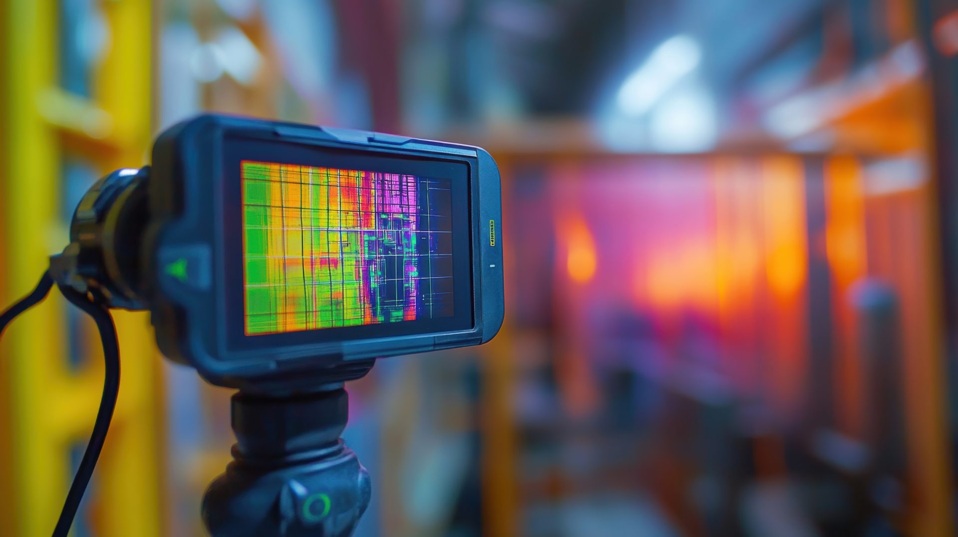 Thermal imaging camera inspecting manufacturing equipment issues