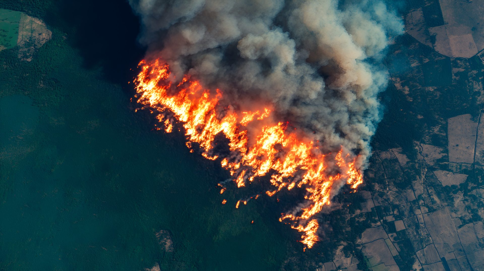 Burning forest areas viewed from a satellite, destruction on a massive scale, environmental tragedy.