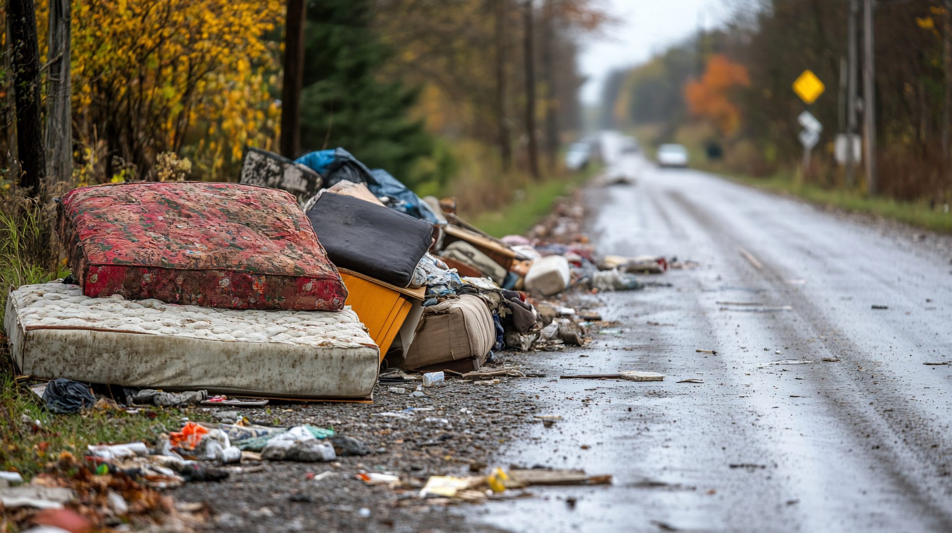 Rural roadside dumping, autumn, mattress, debris, illegal, environmental