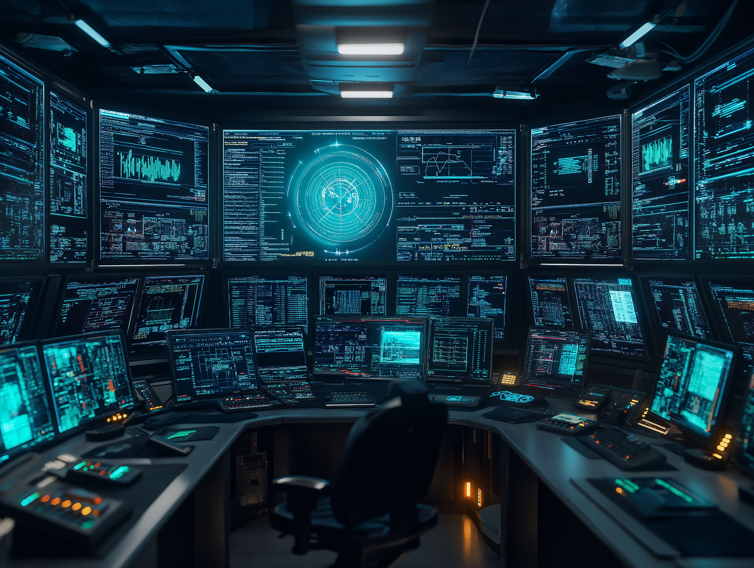 OT security  industrial defense. Cybersecurity detection. Infrastructure firewall. Monitoring resilience. A detailed image of a control room with operators managing various tasks.