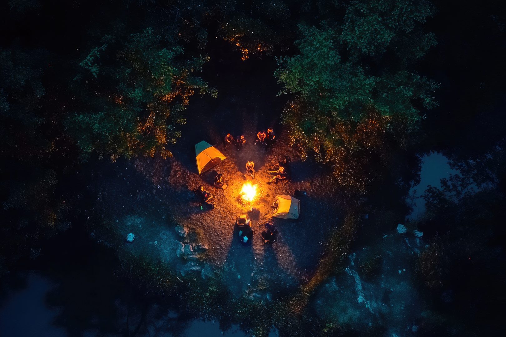 Drone shot of a group of campers around a bonfire in the forest at night