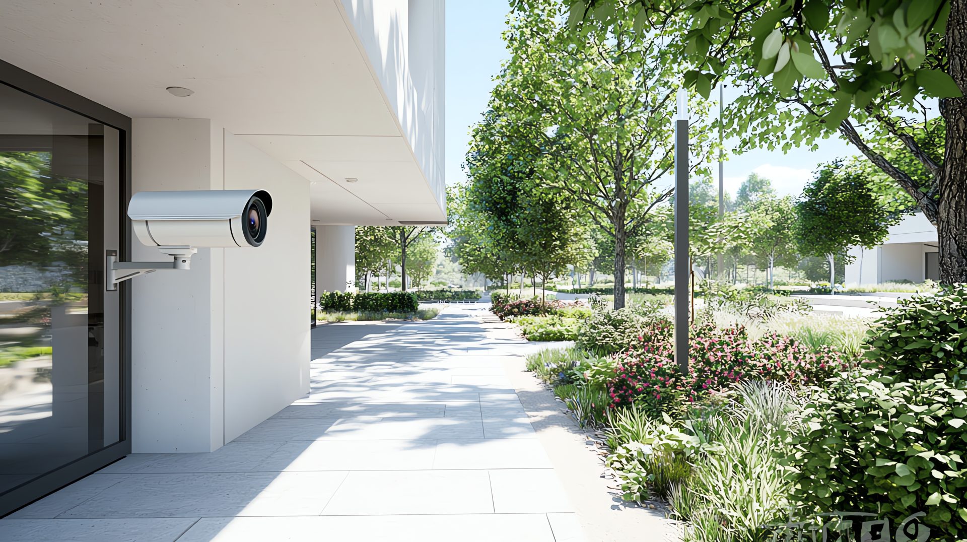 Modern building exterior with security camera and lush green landscaping in urban setting.