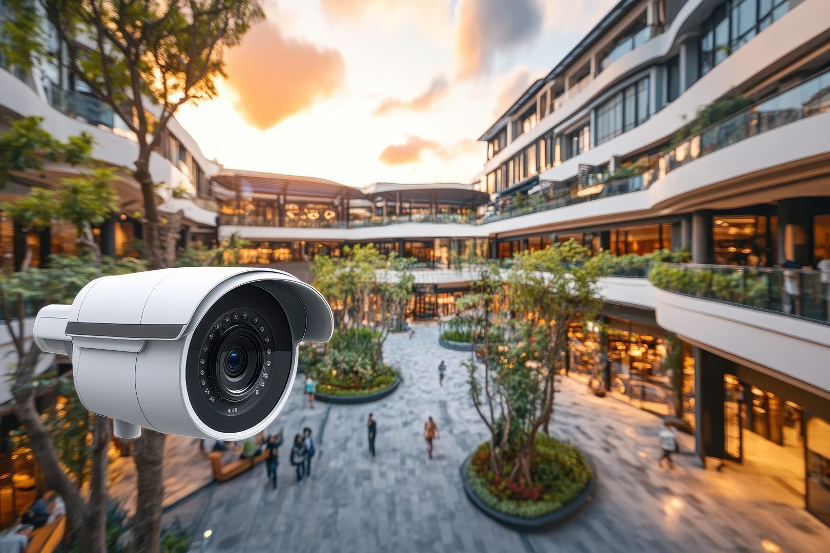 Security Camera Overlooking Modern Mall Courtyard During Sunset