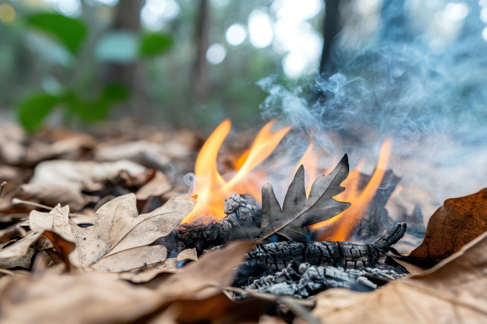 Small fire burning dry leaves on forest floor, producing smoke.