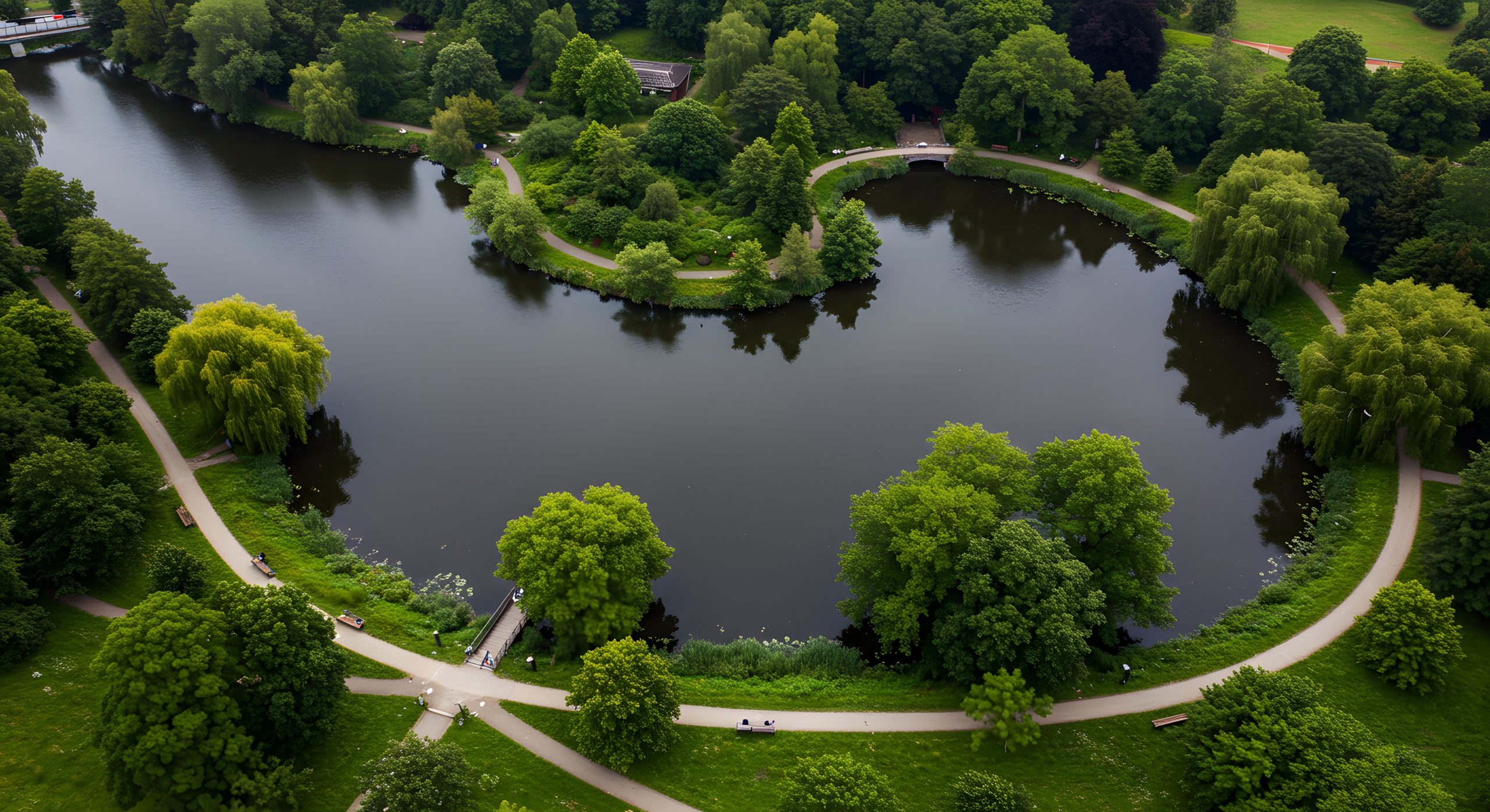 Aerial View of City Park Lake with Green Trees and Walking Paths