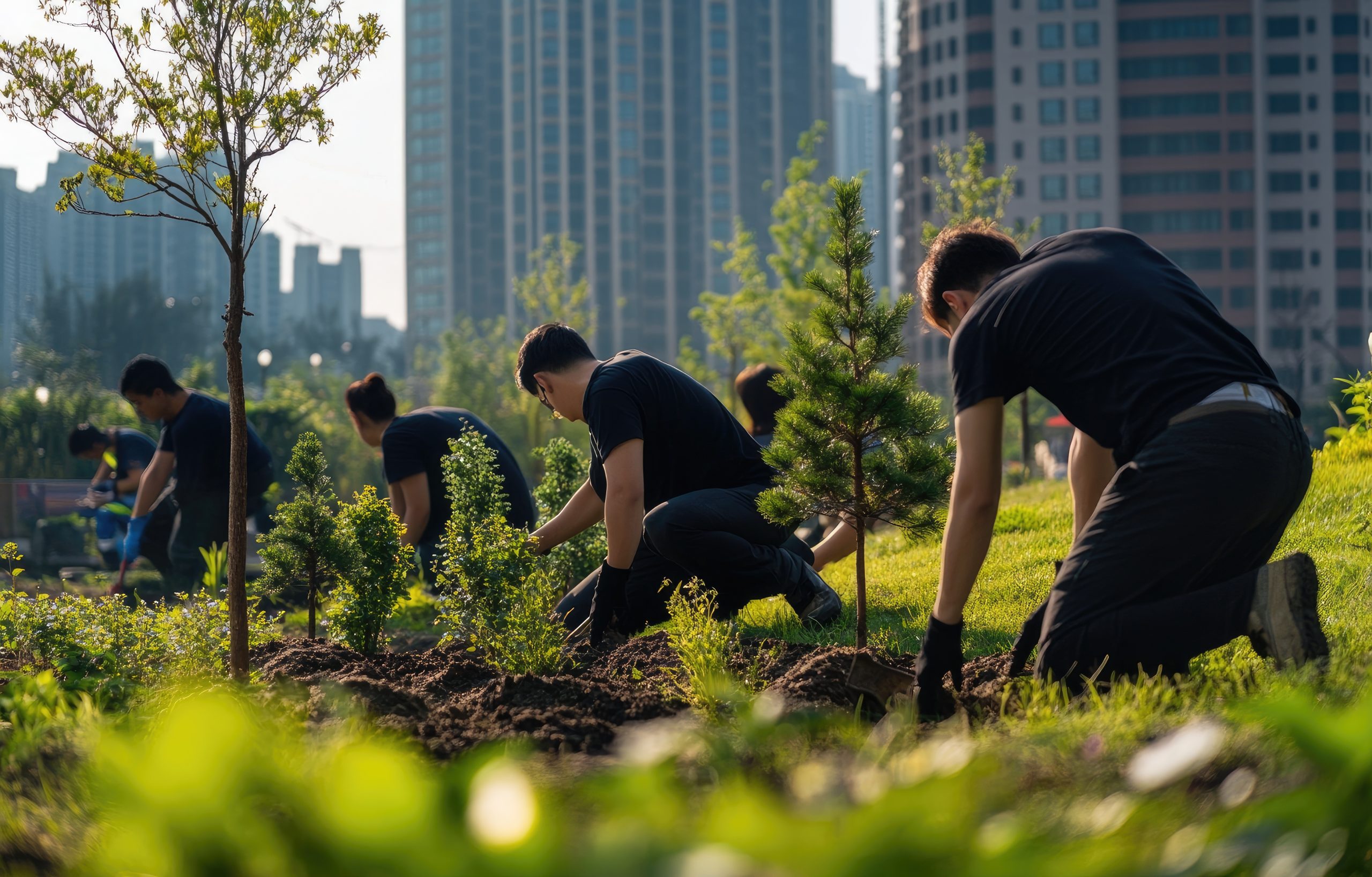 Community planting trees in city park