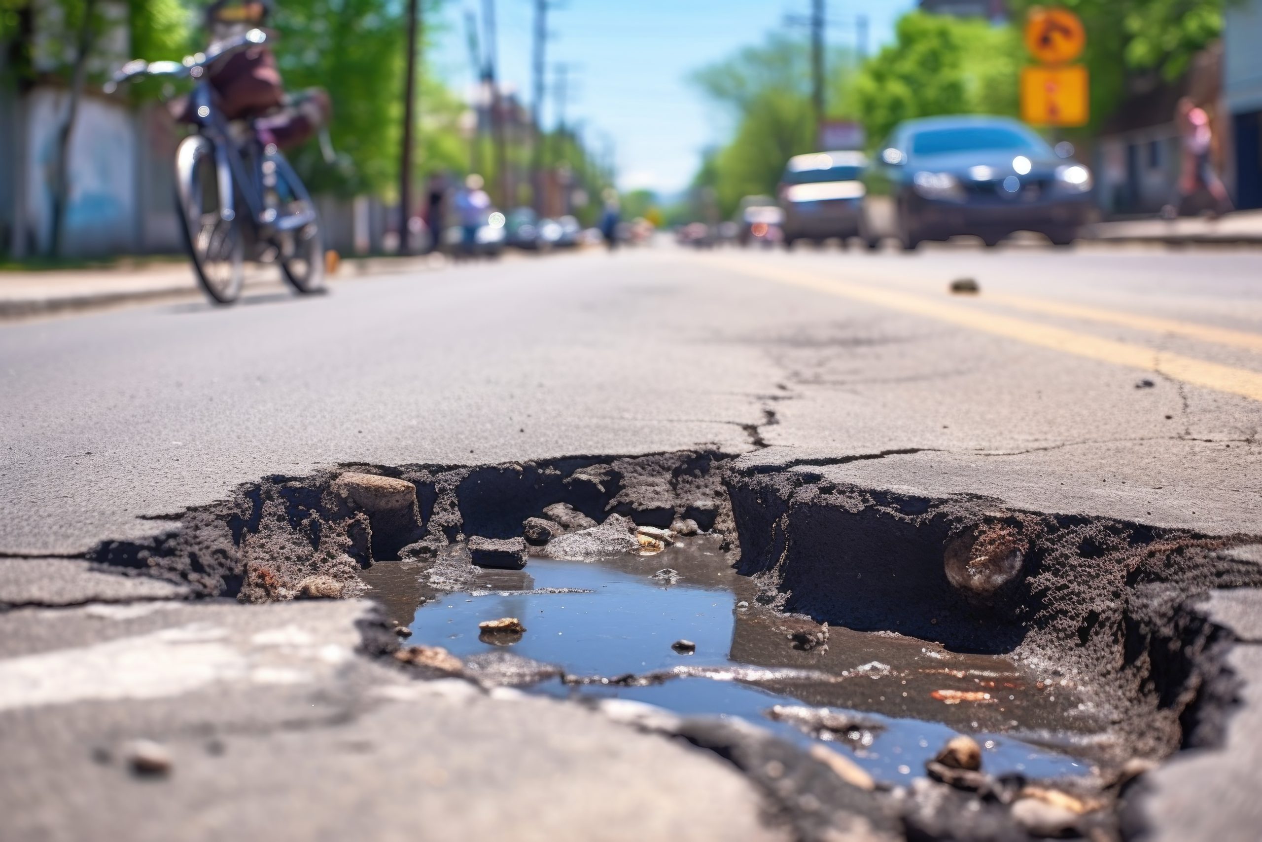 close-up of a pothole on a bicycle lane, danger for cyclists