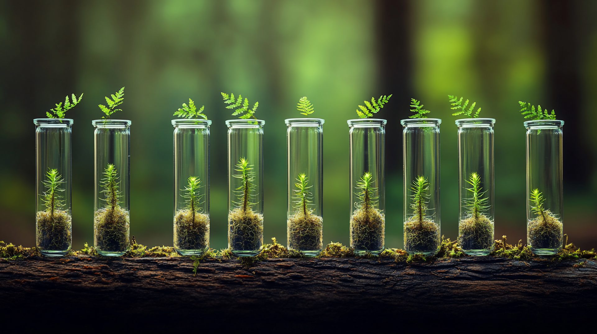 Saplings growing in test tubes on forest log